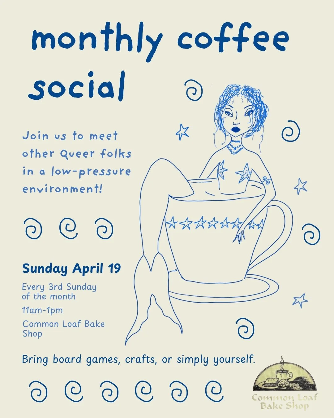 New to town and looking for a way to meet some Coastal Queers this weekend? 

Come have coffee with us! Bring a craft, game, or simply yourself 🌀

🗓️ Sunday, April 19
🕐 11am-1pm
📍Common Loaf Bake Shop
180 First Street, Tofino