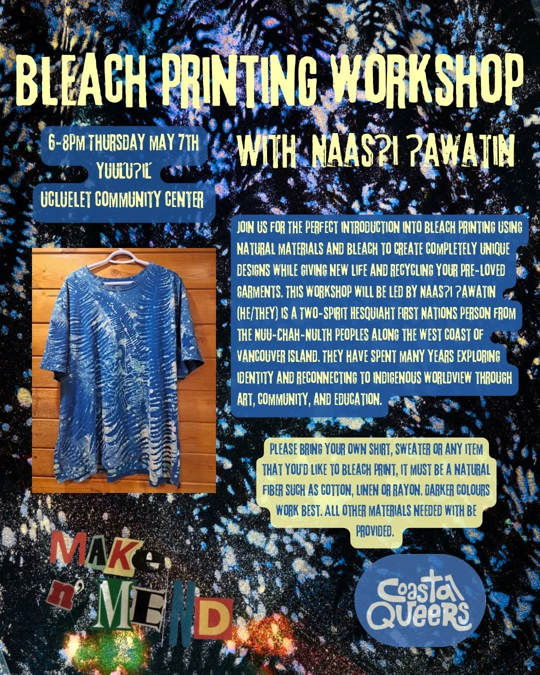 Join us for the perfect introduction into bleach printing to create unique designs while giving new life and recycling your pre-loved garments 🌀🌿

Follow along with Naasʔi (he/they), a Two-Spirit Hesquiaht First Nations person from the Nuu-chah-nul
