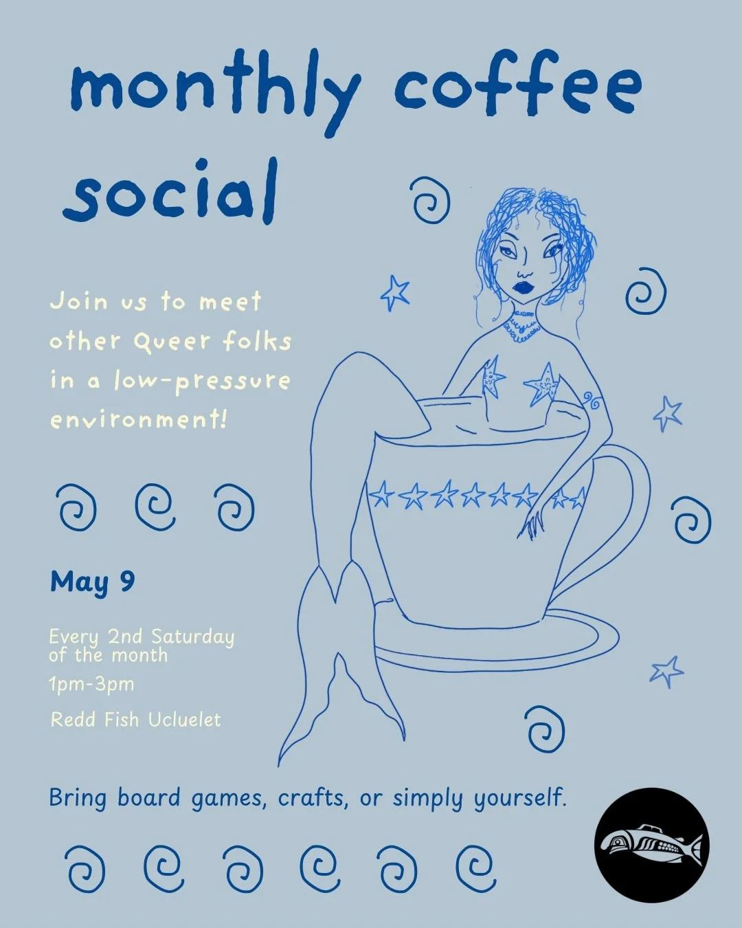 New to town and looking to meet some queers for the summer? We got you! 🌀☕️

Come have a coffee with us, bring a game to play or a craft to keep your hands busy, or just yourself! 

🗓️Saturday, May 9
🕐1-3pm
📍Redd Fish Restoration Society 
1728 Pe