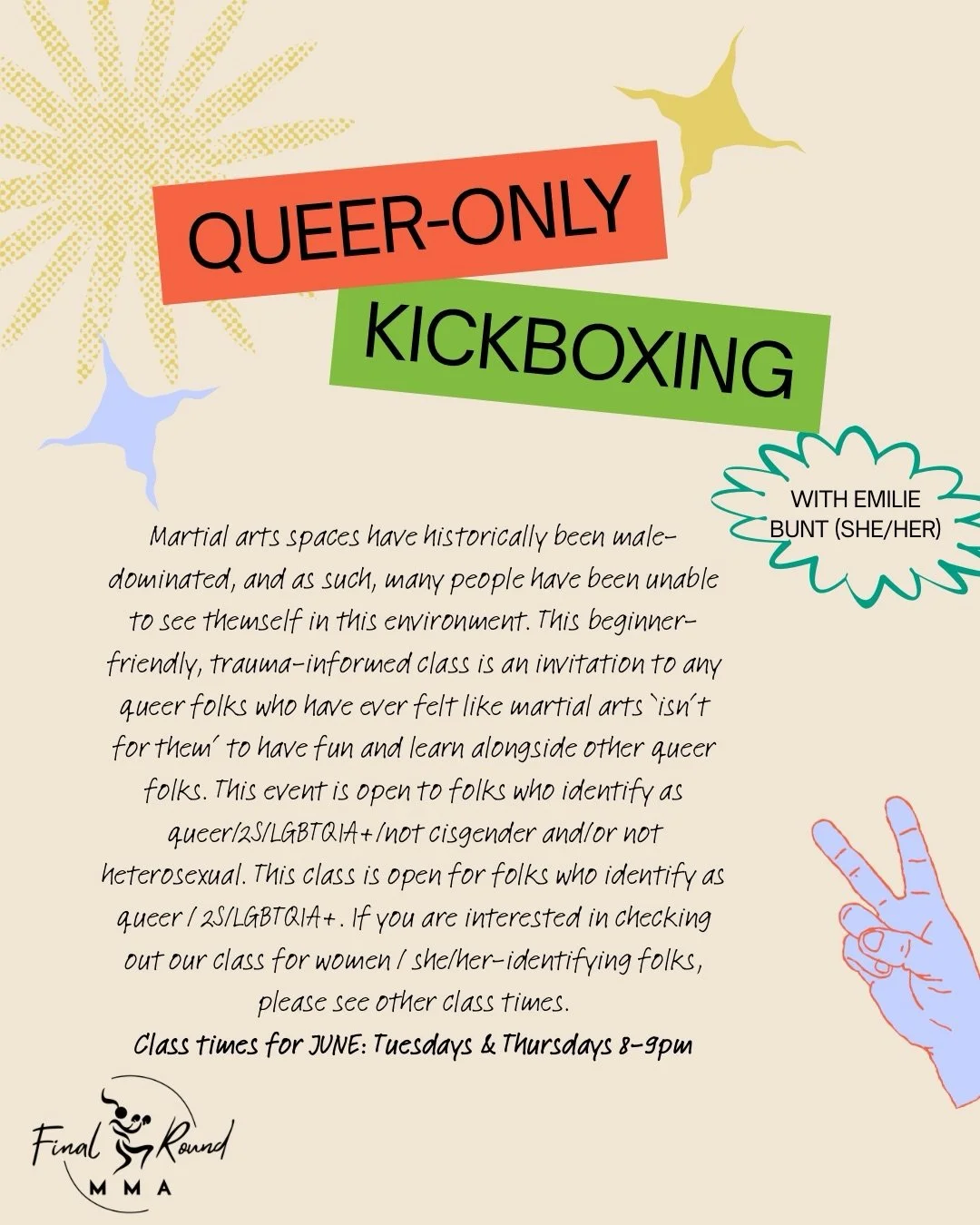 🏳️&zwj;🌈🚨 QUEER KICKBOXING IS HERE!🚨🏳️&zwj;🌈 (This is not a drill!!!!!!!) 

🥊Join Emilie Bunt (she/her) every Tuesday + Thursday from 8&ndash;9PM for a beginner-friendly class built for queer community, movement, confidence, and fun. Whether y