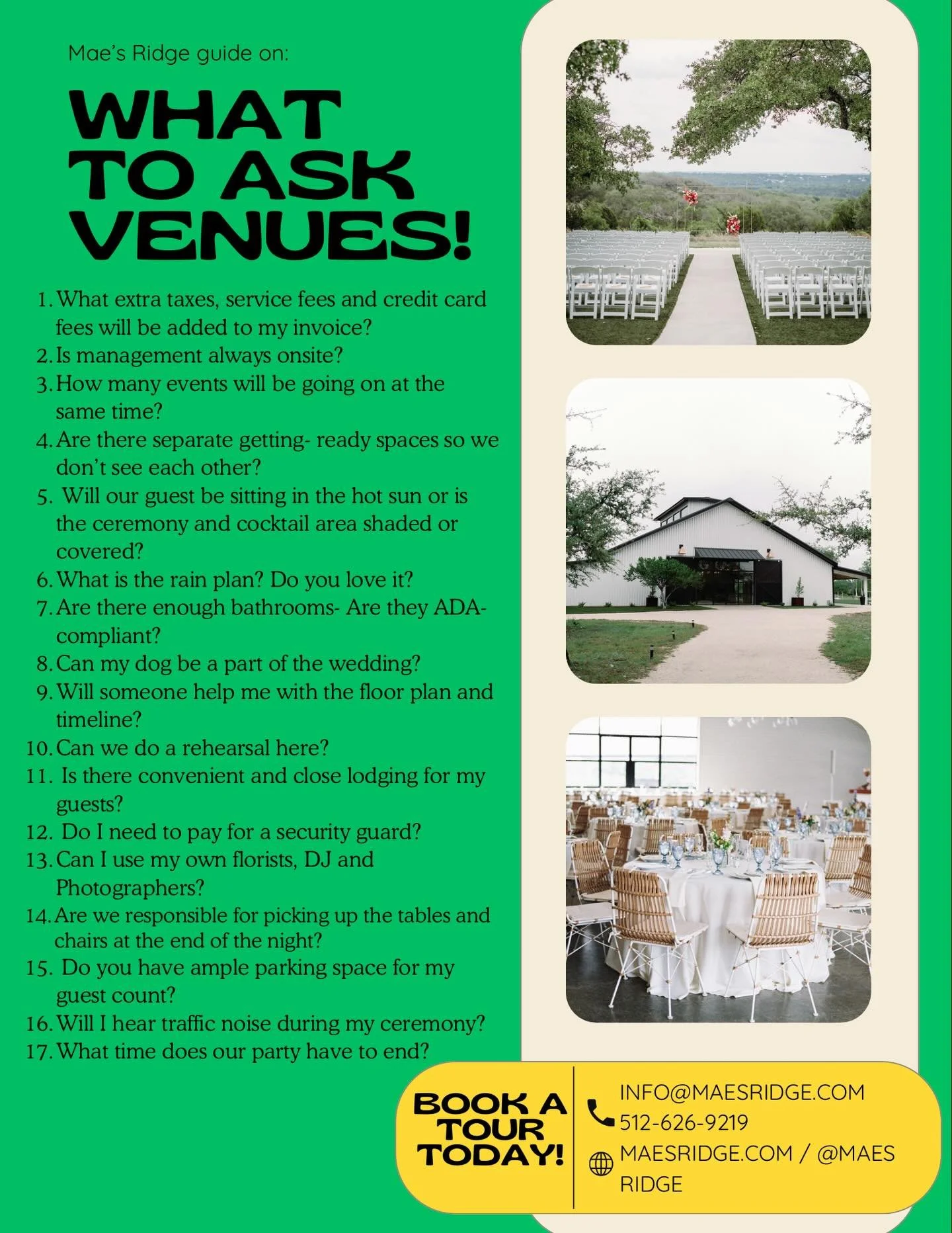 As newly engaged couples just starting your wedding planning journey, we know it can be difficult to know what to ask venues when you tour! We believe in 100% transparency at Mae&rsquo;s Ridge, so here&rsquo;s a helpful guide 🤭