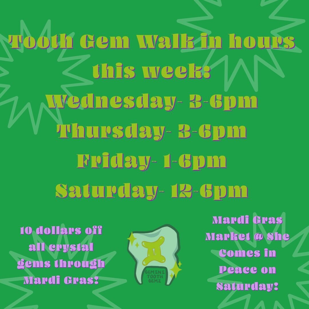 We&rsquo;ll be in the studio all week this week accepting walk-ins. We are doing $10 off all crystal gems for Mardi Gras season @shecomesinpeace stop by New Orleans&rsquo;s one stop shop, and get done up for Deep Gras #toothgems #mardigras #neworlean
