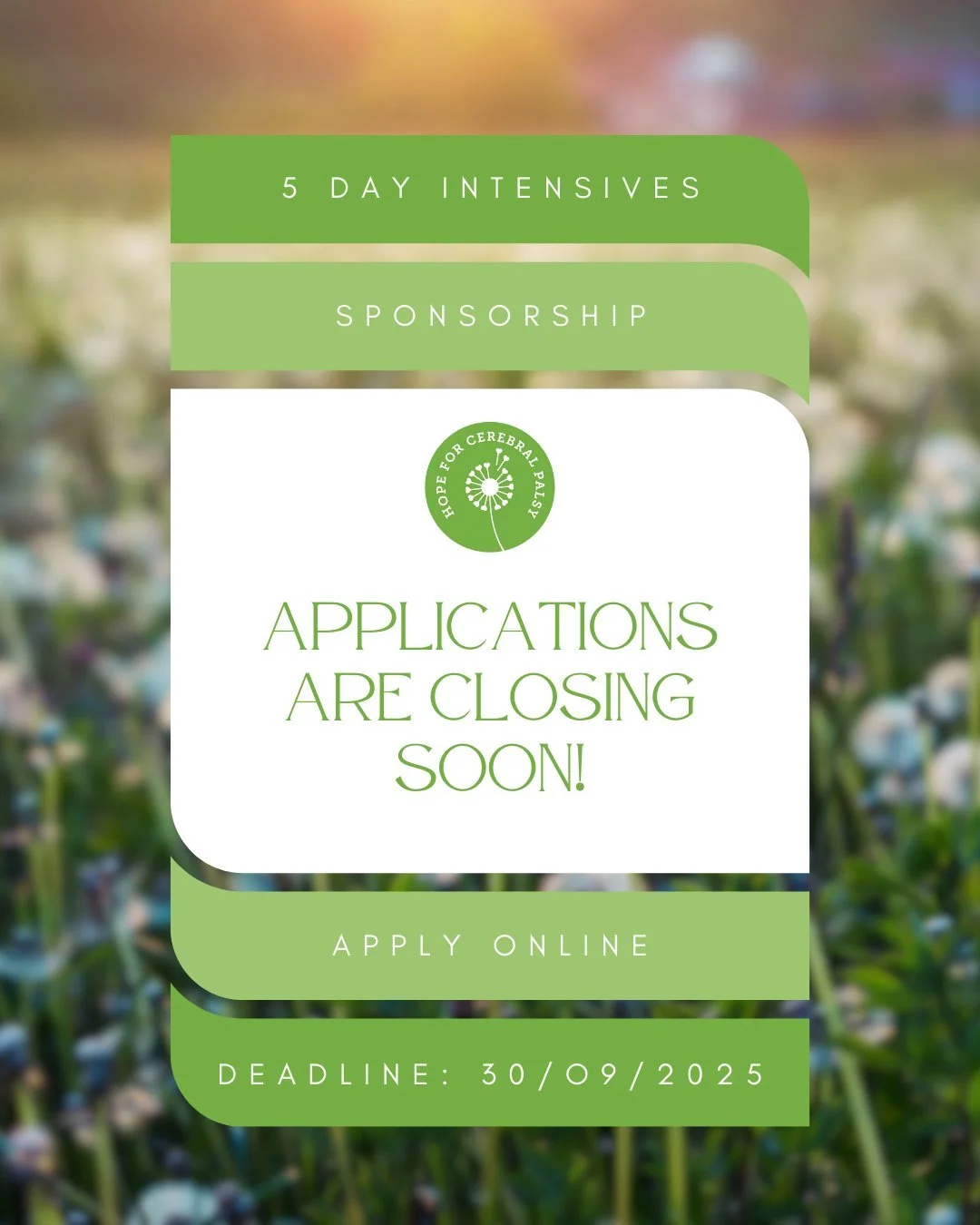 Time is running out!

Applications for our 5-day intensive therapy sponsorships close on 30 September 2025.

If your little CP warrior could benefit from focused, life-changing therapy &mdash; this is your chance. 💚

Apply online today and take one 