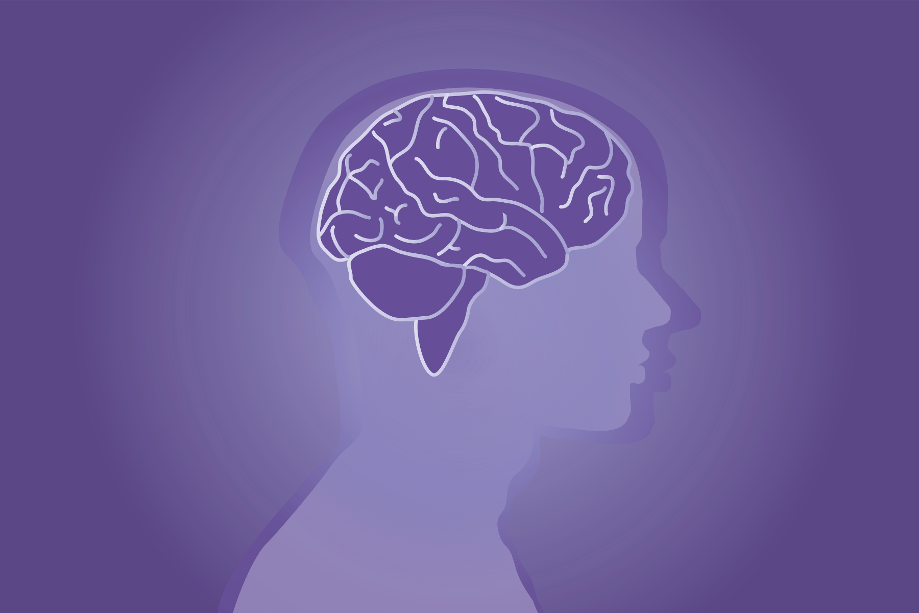 A purple drawing of a brain on a purple background.