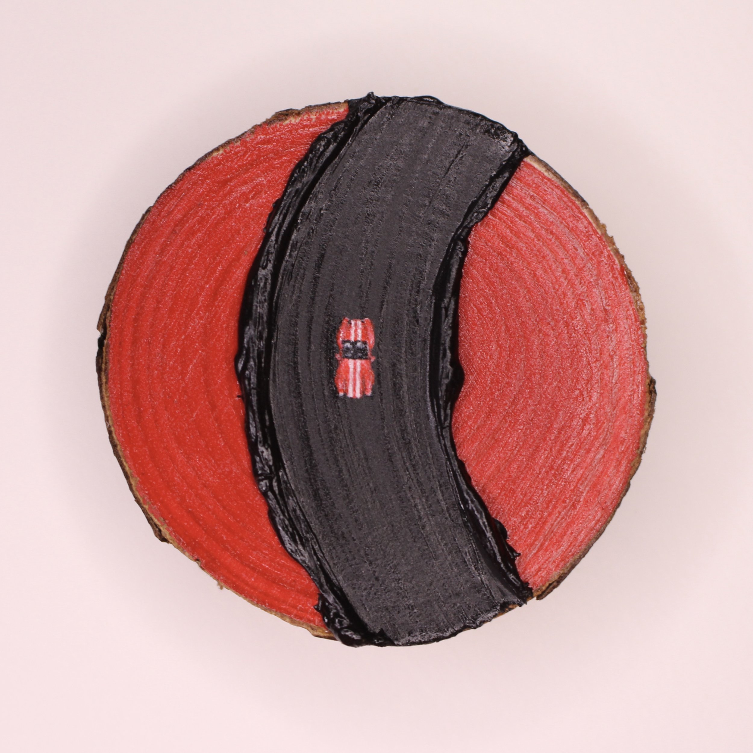 Tiny Red Car Tree Bark Acrylic Painting