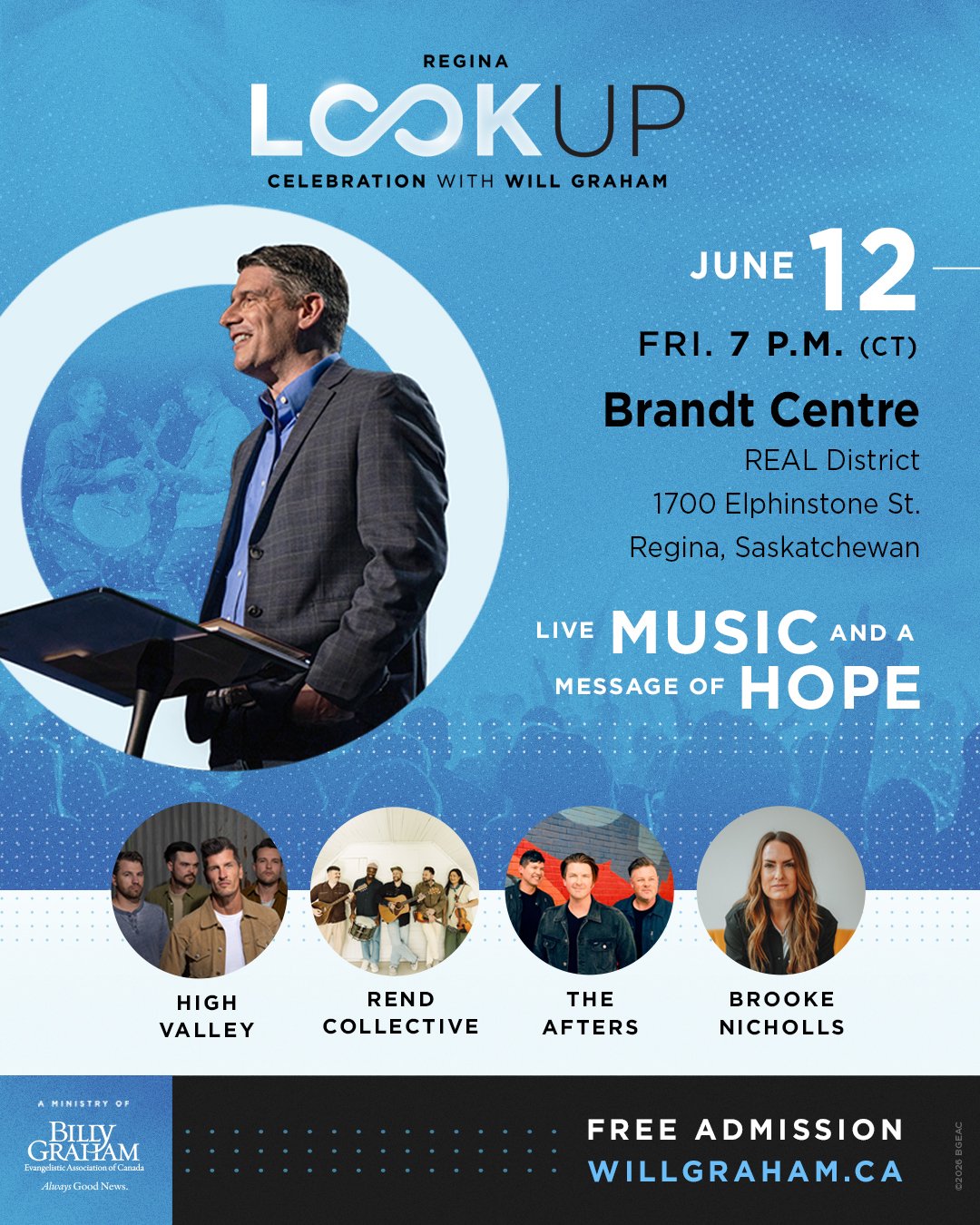 Tomorrow is the Look-up Celebration at the Brandt Centre!

This is a free, family-friendly event featuring music from award-winning Christian bands and a message from evangelist Will Graham. It is open to everybody and all are welcome to attend.

🔗 