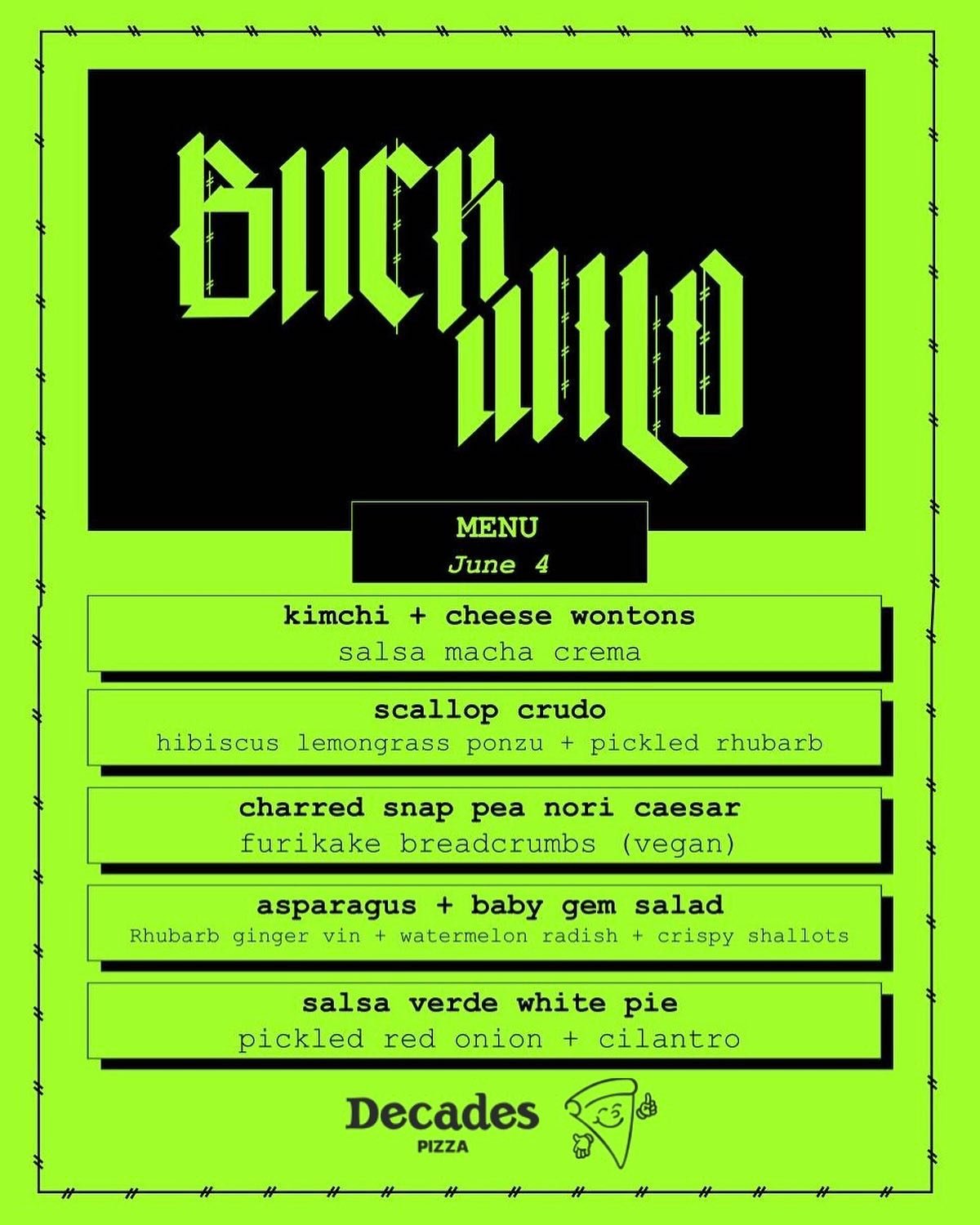 Here&rsquo;s the menu for Tuesday. Can&rsquo;t wait to see y&rsquo;all&rsquo;s beautiful faces at @decades.pizza also @barbichettewines will be pouring some beaut wines. Come hang out! Reservations are avail and walk in&rsquo;s. Xoxo