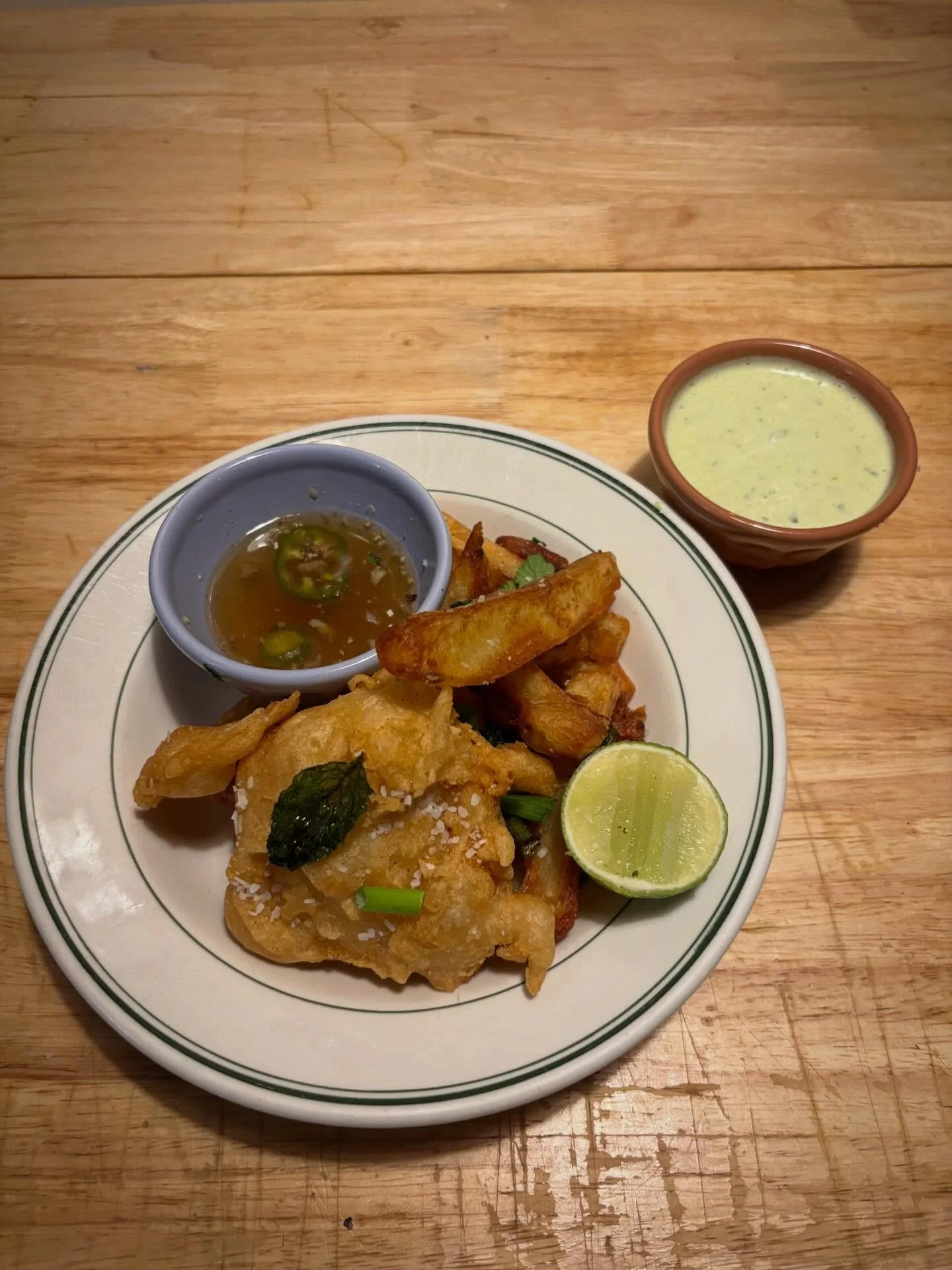 SOMETIMES ALL A GURL WANTS IS FISH AND CHIPZ. MSG Szechuan peppercorn 13 spice fish and chips!!!!!!! (What a mouthful literally) With a Thai basil stye tartar sauce and nuoc cham.. fish sauce with fish? Yes duh. Video comin soOooonnnn