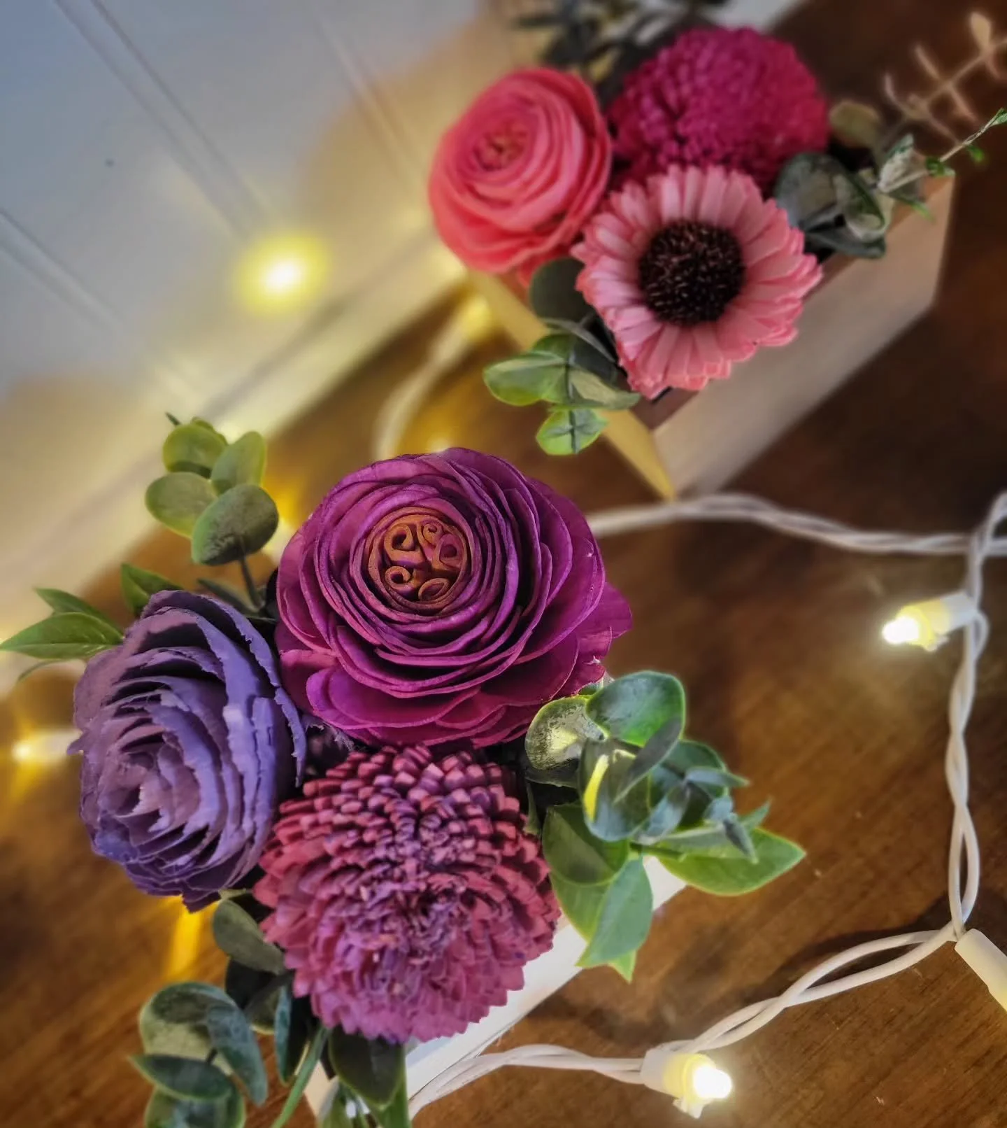 You know what else makes great gifts? My signature small squares! Featuring 3 hand-painted wood flowers nestled in a 4 x 4 wood box, these arrangements are perfect for desks at work--since most offices don't allow fresh flowers--or small spaces at ho