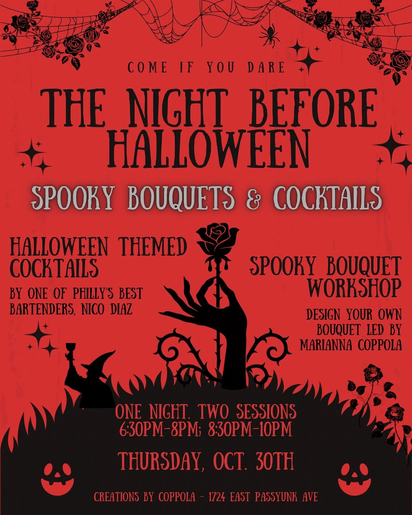 Come if you dare&hellip; 🕯️🥀

On the eve of Halloween, join us for Spooky Bouquets &amp; Cocktails - sip two custom Halloween-inspired cocktails crafted by Philly&rsquo;s own @crftybartender 🍸as you design your own darkly romantic bouquet with @cr