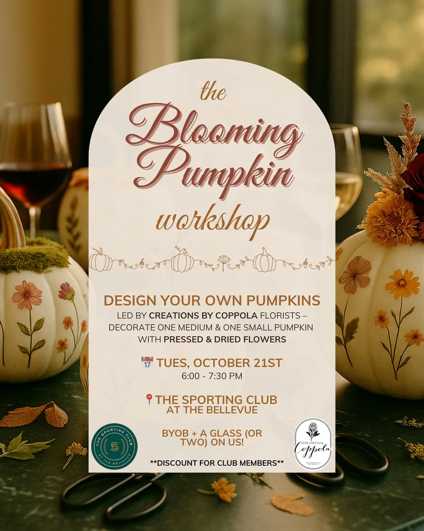 Join us for an evening of blooms, pumpkins, and sips ✨
A glass (or two) on us 🍾 -  BYOB to keep the party rollin&rsquo; 🎃🌻