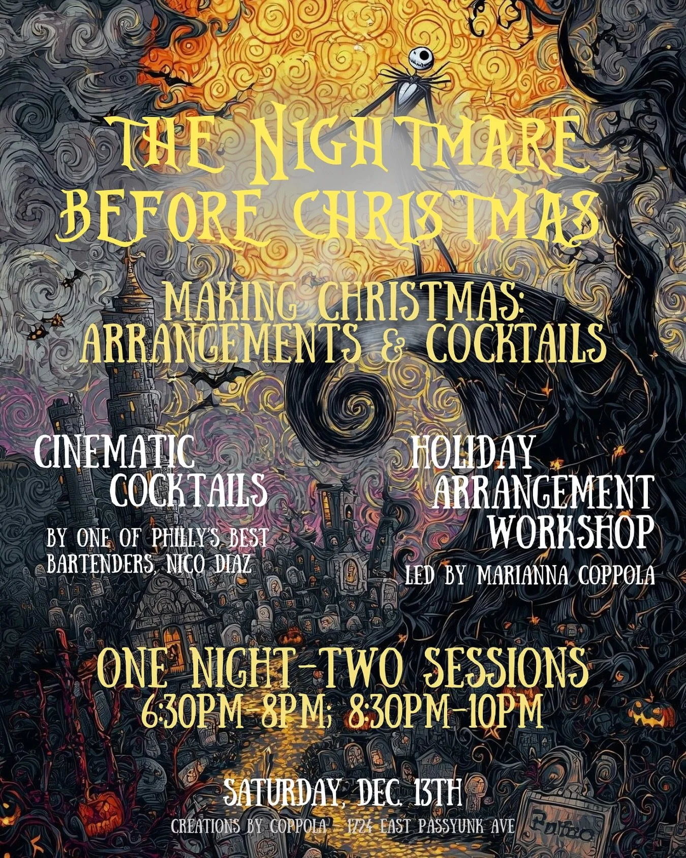 Step into Christmas Town&hellip; 🖤🤍
a Nightmare Before Christmas evening of holiday florals, cocktails, and candlelight. 🎄🥀🍸
🕯️ Dec 13 &middot; Two sessions &middot; Link in bio