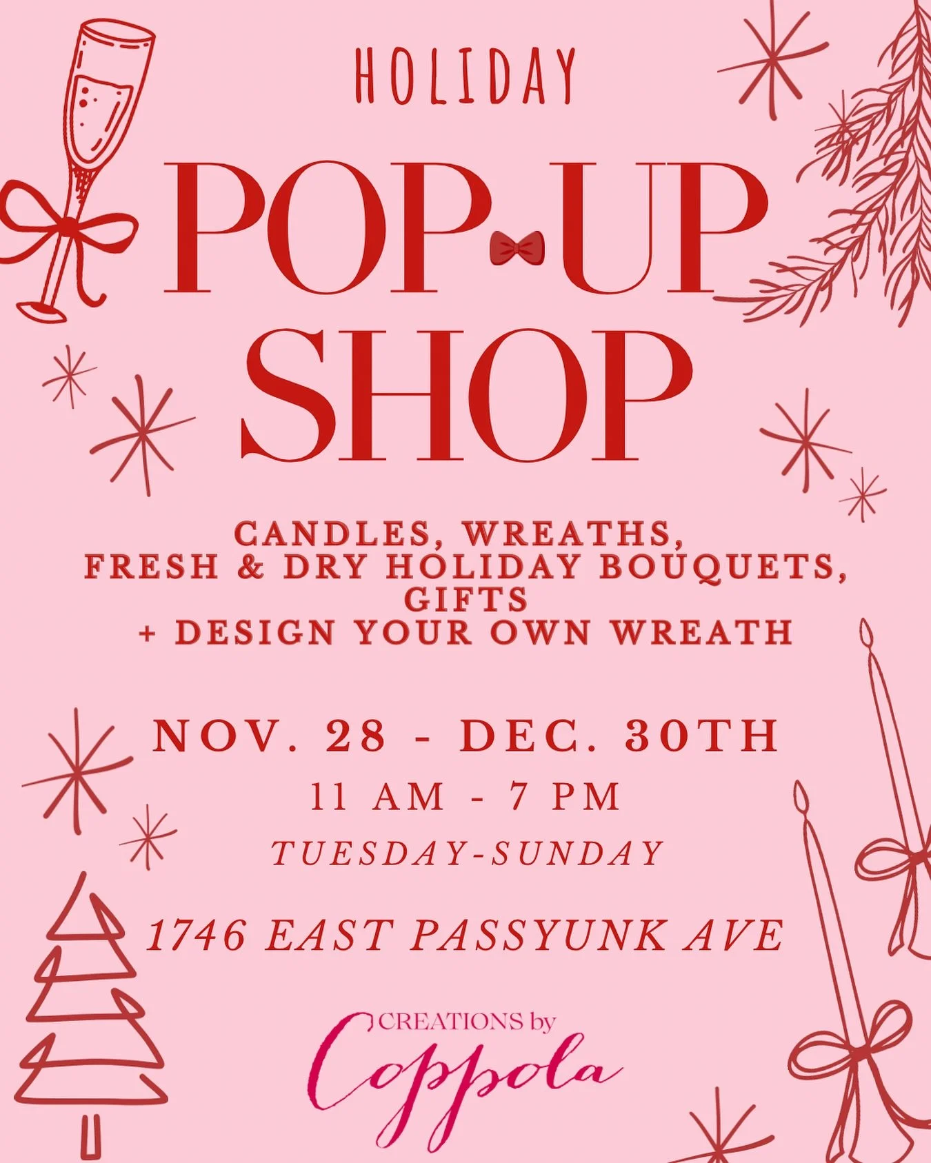 Next Friday!!! 🎊🎉✨
We are officially popping up just a few doors down from our shop! Come visit us at 1746 East Passyunk Ave. for all the holiday essentials 🎄🕯️

Come for the magical vibes and cute holiday items to shop, stay for the hot toddies&
