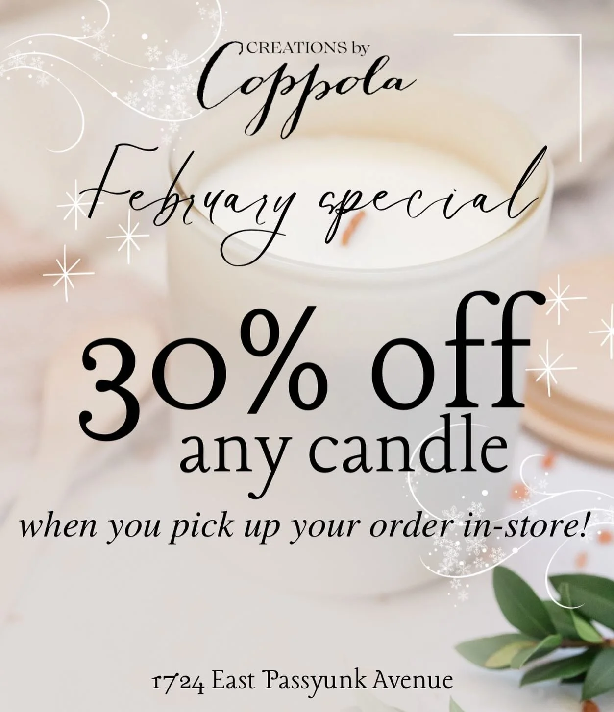 It&rsquo;s freezinggg 🥶 Let us help you stay warm! Order online for pickup, and when you come grab your order, enjoy 30% off any candle in the shop 🕯️
