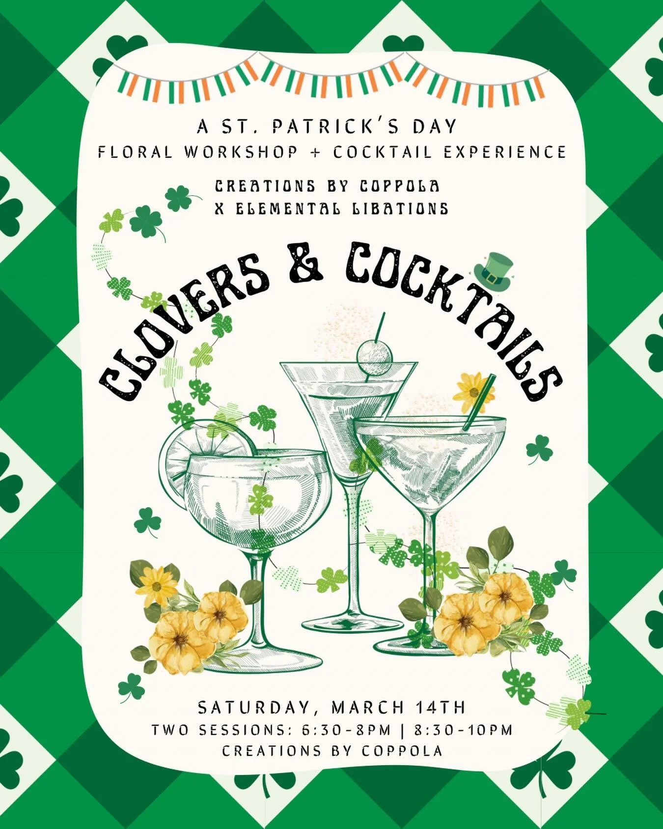 A little floral magic, a little Irish luck in a glass 🍻🍀
Think flower shop meets Irish pub as we celebrate St. Patrick&rsquo;s Day with our Clovers &amp; Cocktails workshop, featuring our mixologist extraordinaire from Elemental Libations, serving 