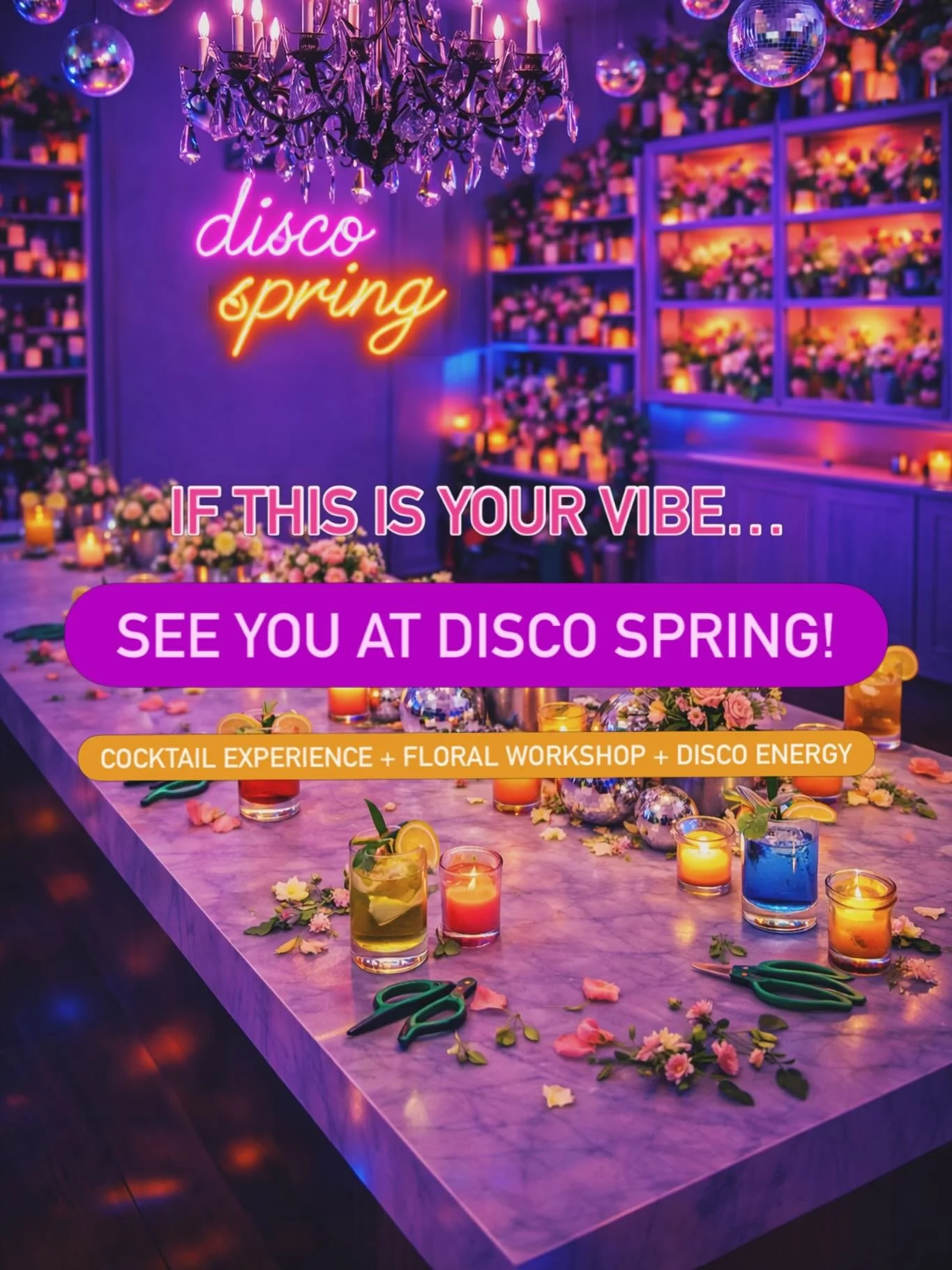 80s vibes + vibrant flowers + themed cocktails 🪩🌺🕺