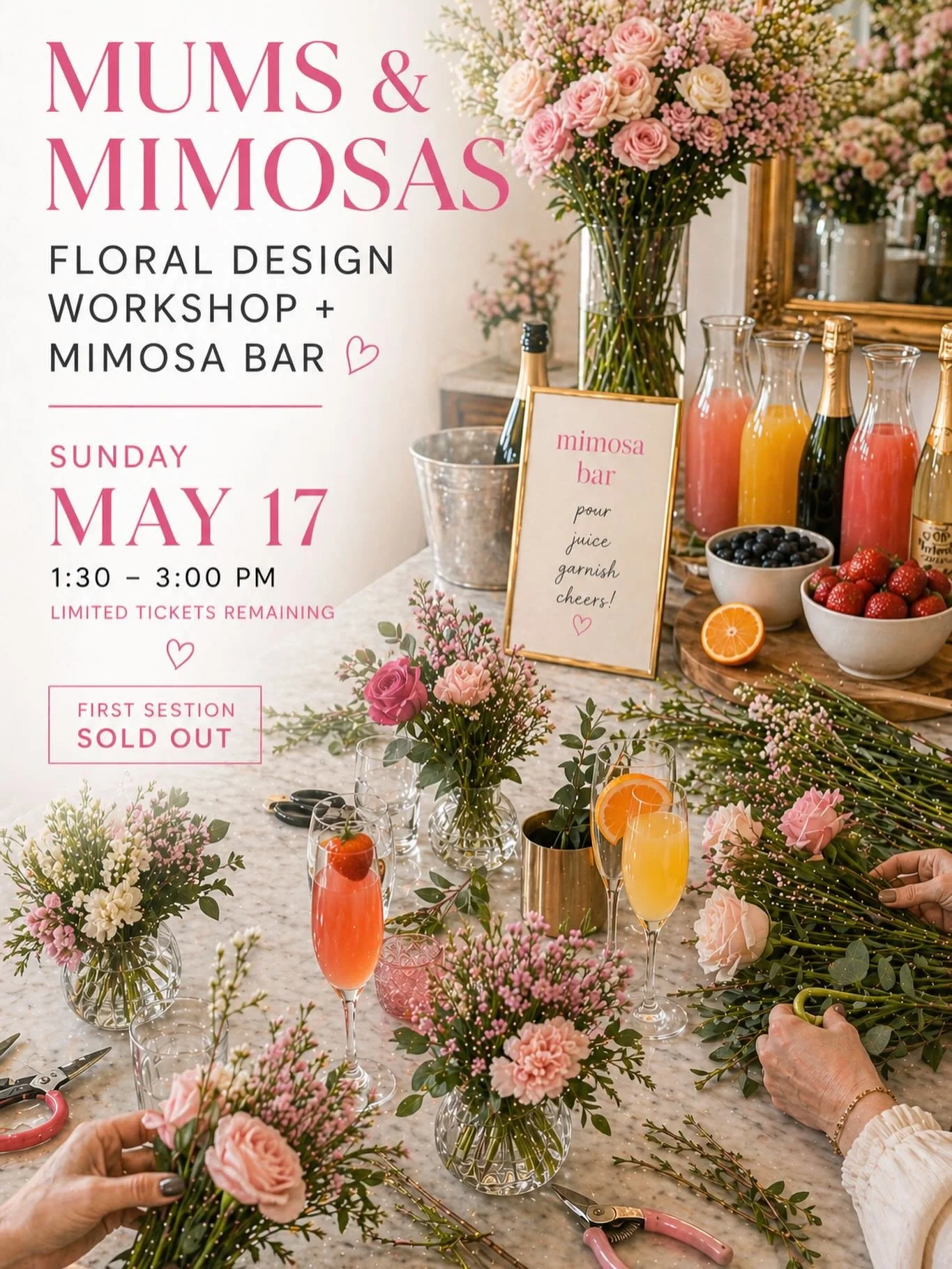 A few spots remain in our second session for Mums &amp; Mimosas! 
A perfect Mother&rsquo;s Day gift - join together as a cute and unique activity or treat her to something just for her 💐🥂

Link in bio