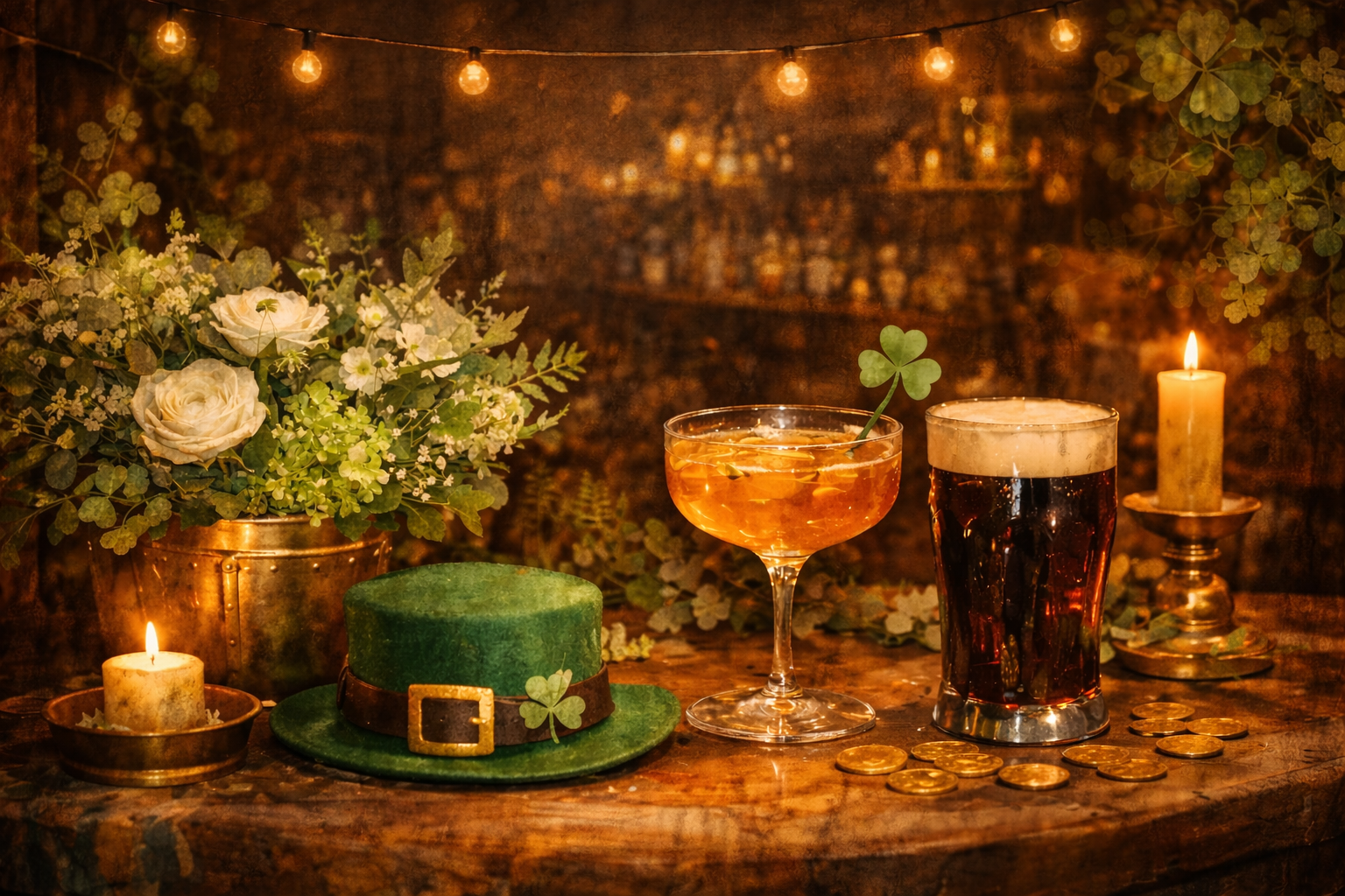 St. Patrick's Day-themed table decor with a green hat, gold coins, candles, flowers, and drinks in a warm, cozy setting.