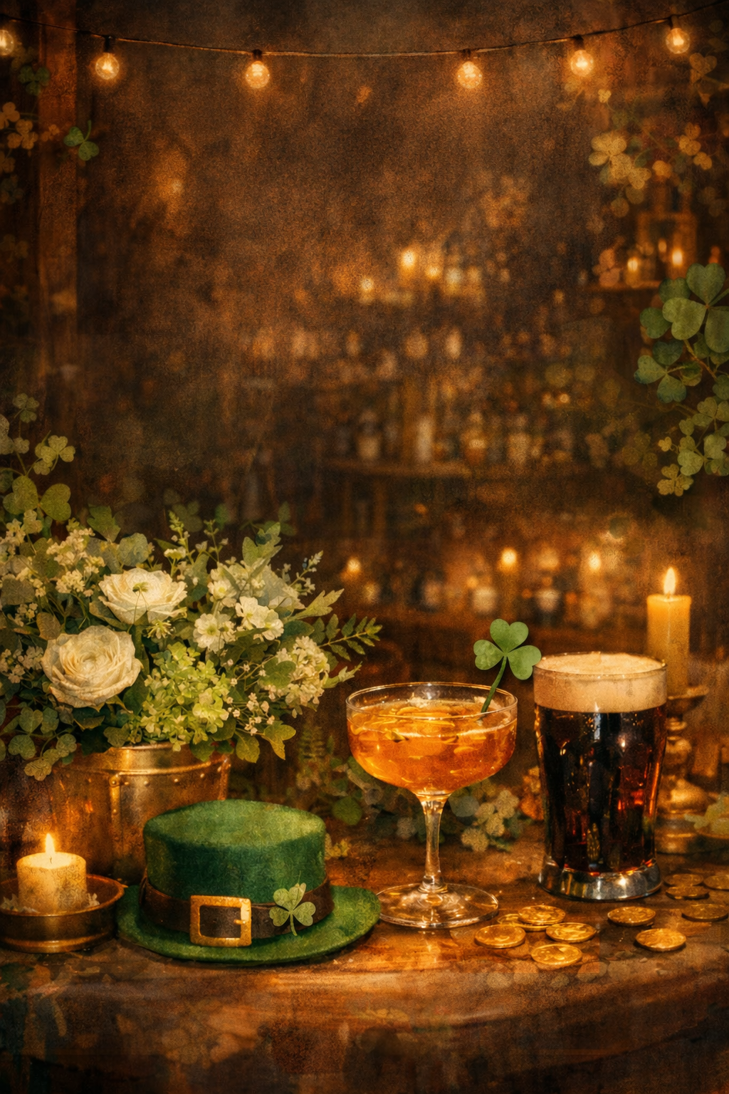 A festive St. Patrick's Day setup includes a green hat, a bouquet of flowers, a glass of whiskey, a pint of dark beer, gold coins scattered on a wooden surface, and shamrock decorations. There are candles and warm lighting creating a cozy atmosphere.