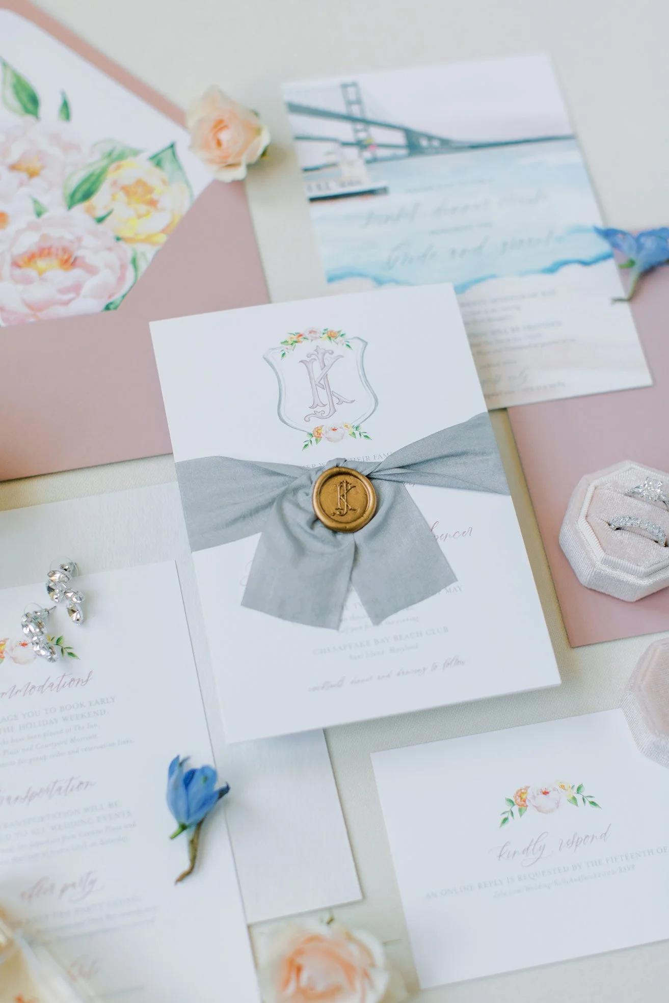 Watercolor Crest Wedding Invitation Suite with Silk Ribbon and Gold Wax Seal by EAlexDesigns