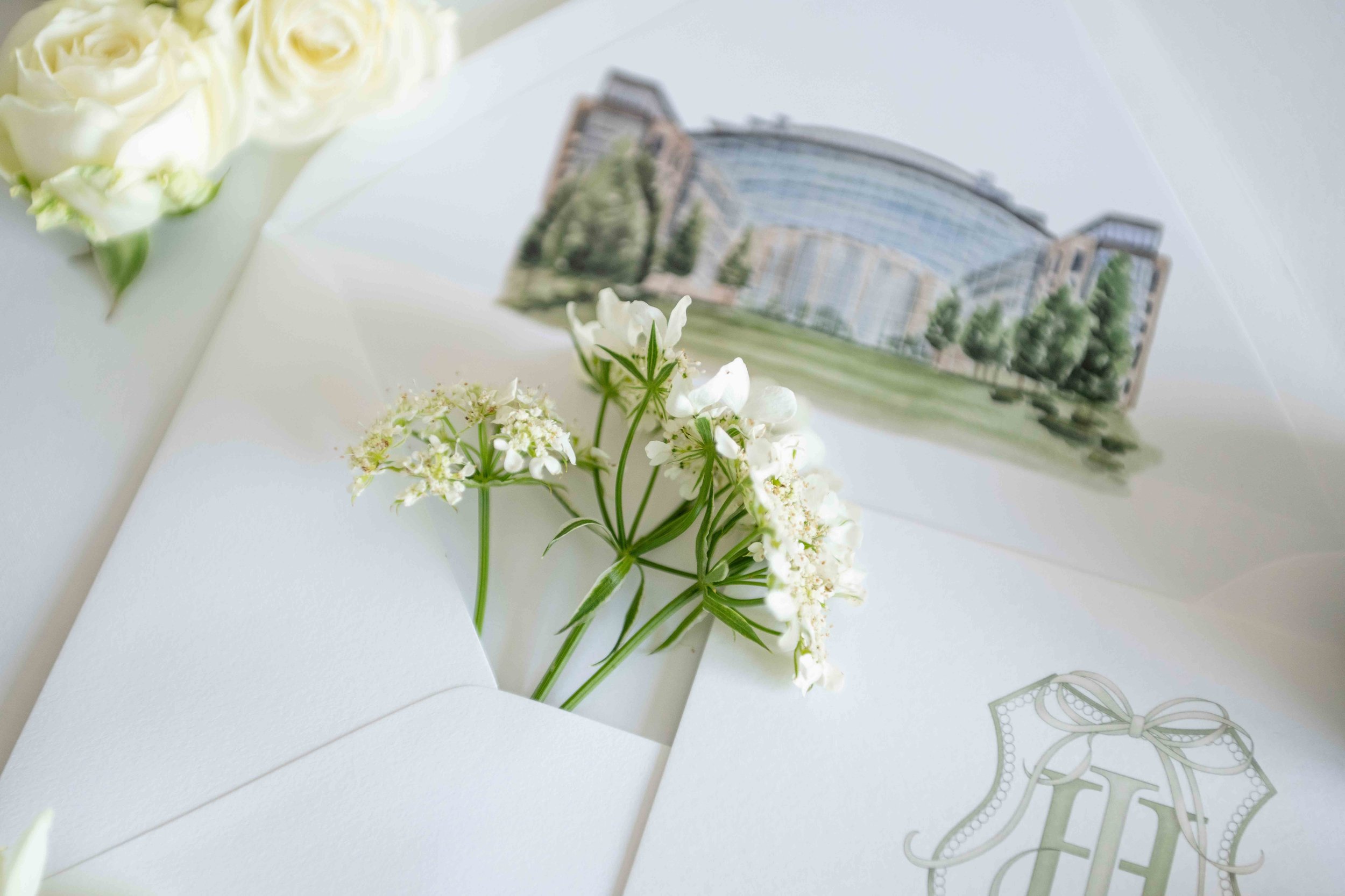Custom watercolor painting of Gaylord National Resort for Wedding Invitation Suite envelope liner by EAlexDesigns