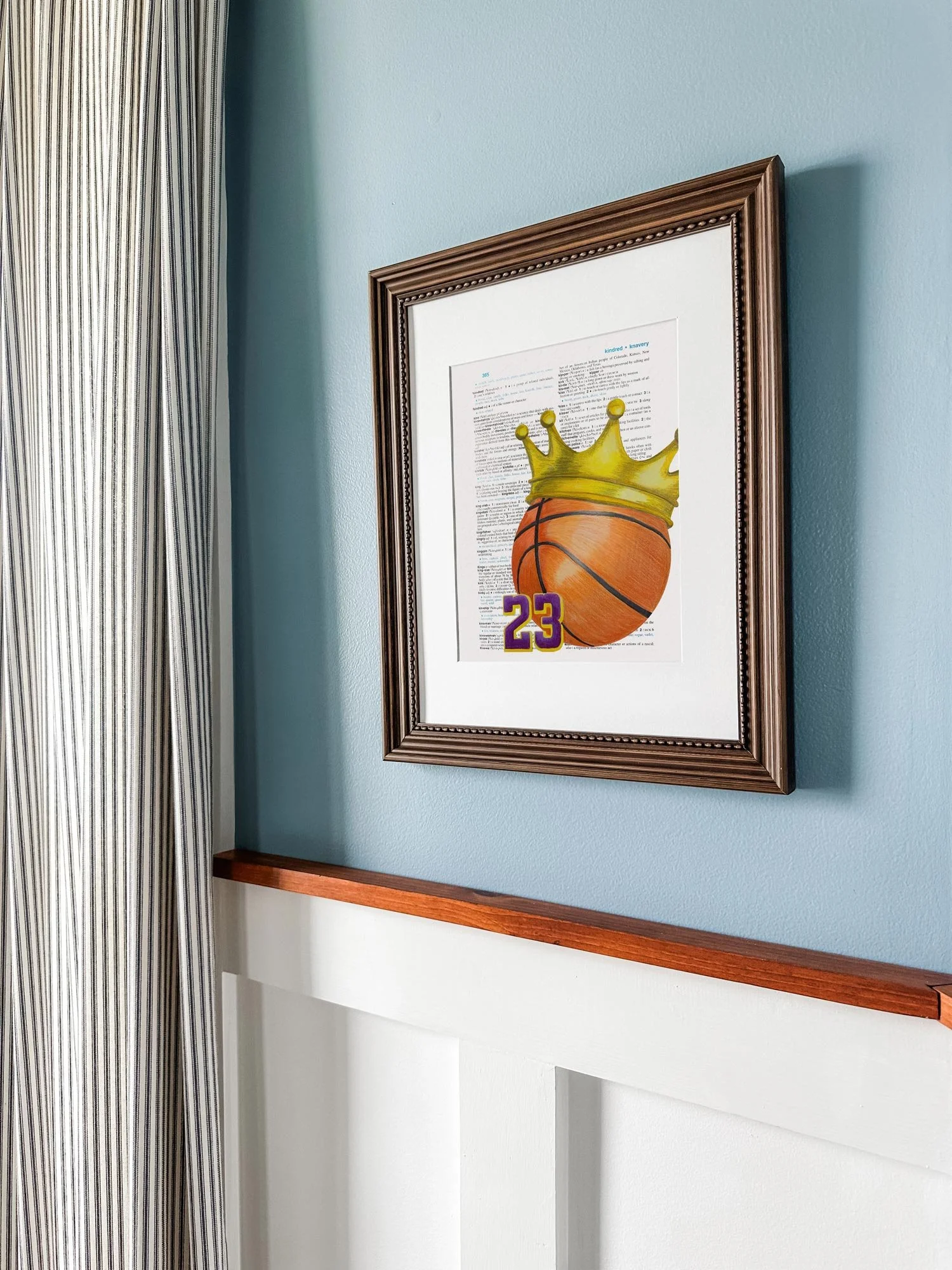Dictionary fine art print with colored pencil illustration of a basketball wearing a crown and featuring the number 23 representing LeBron James.
