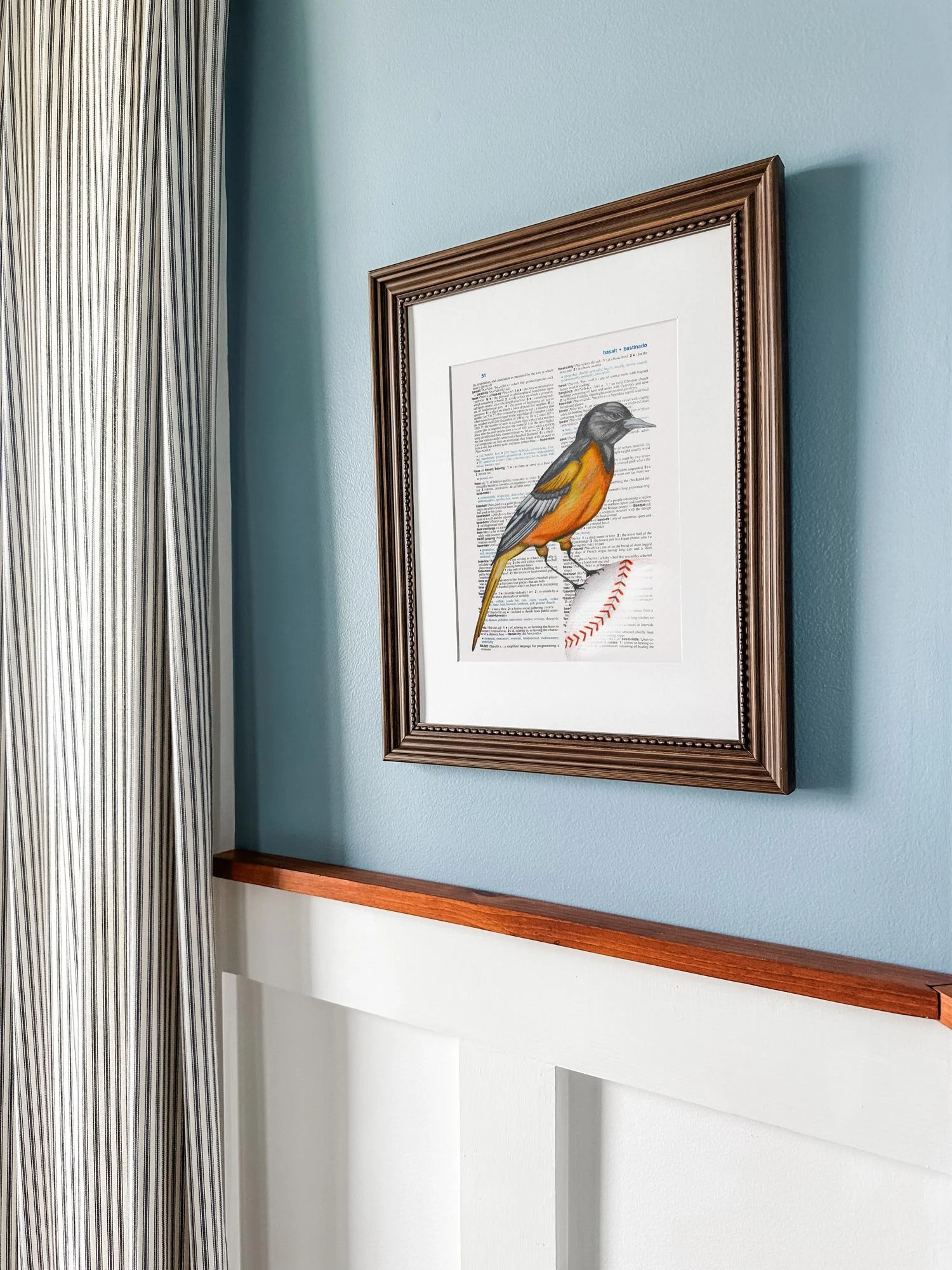Dictionary fine art print of a Baltimore Oriole sitting on a baseball.