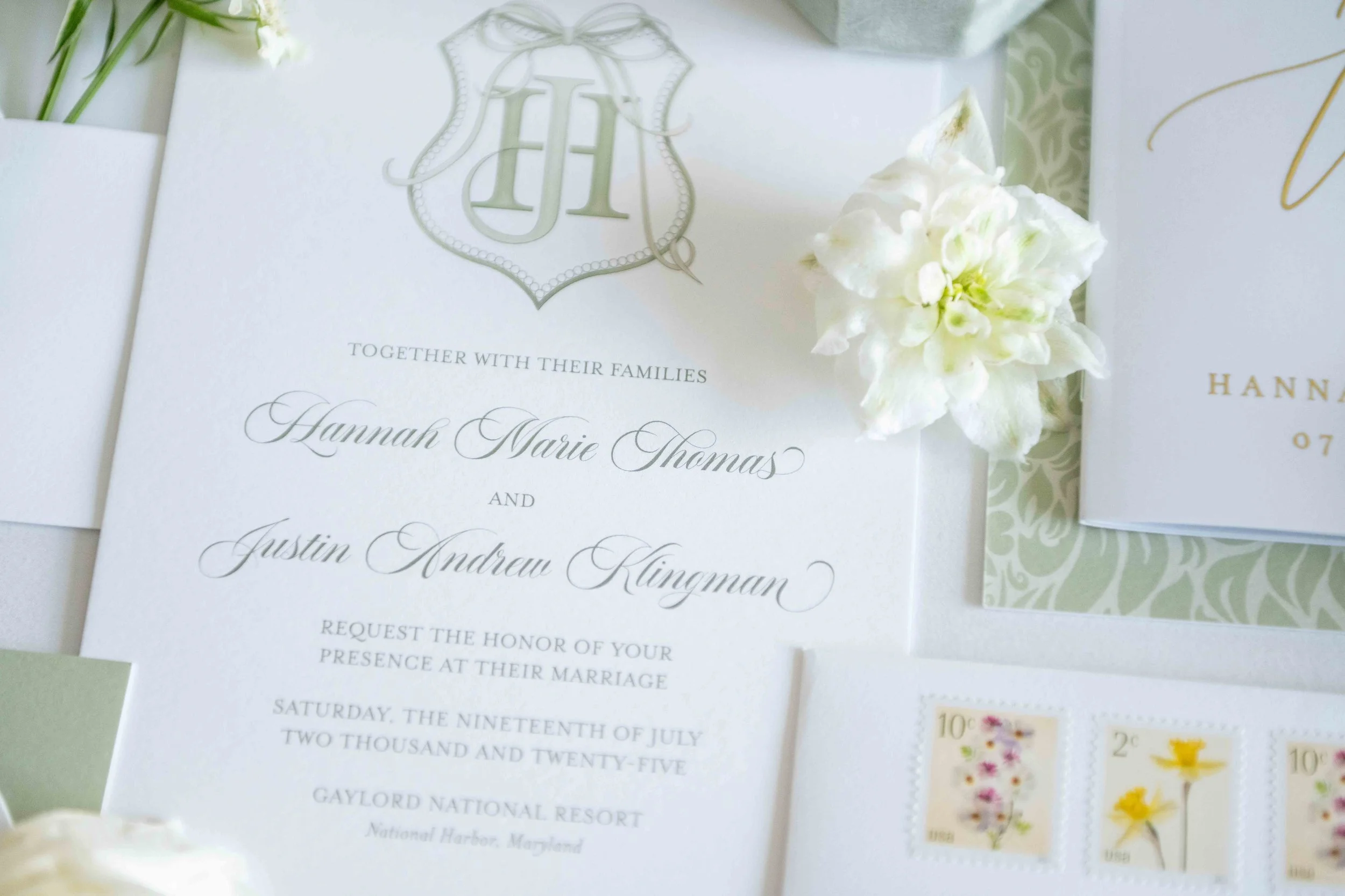 Modern HJ monogram crest with bow wedding invitation suite by EAlexDesigns
