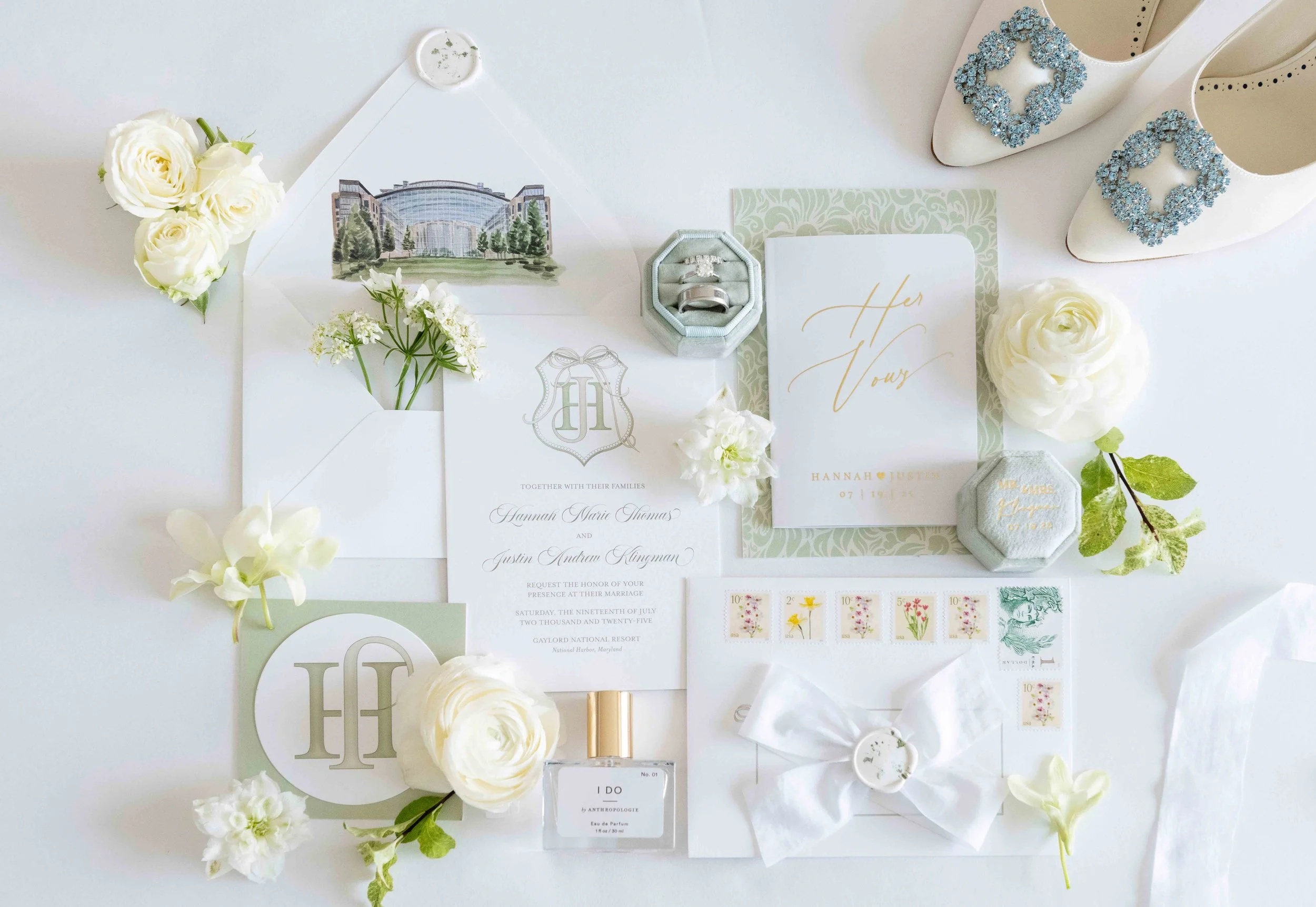 Modern HJ monogram crest with bow wedding invitation suite by EAlexDesigns