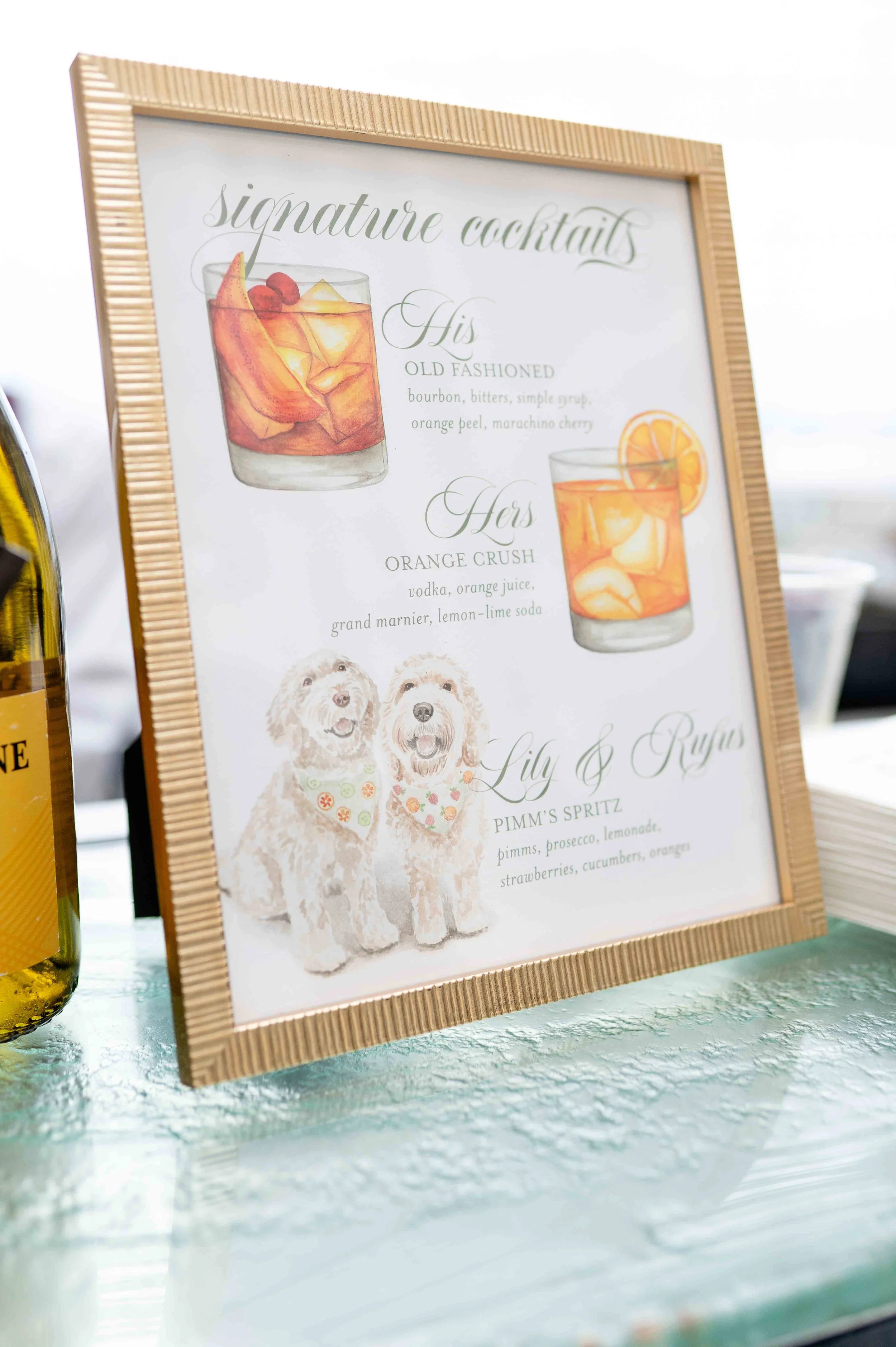Custom watercolor illustrations of pets and drinks for signature drink menu at wedding by EAlexDesigns