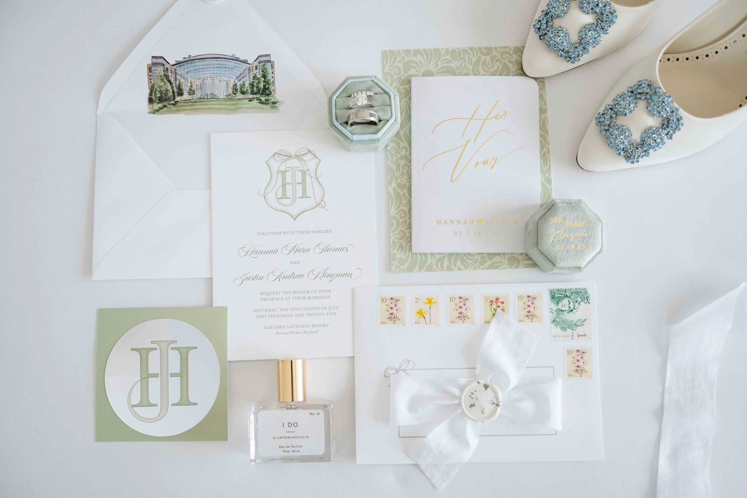 Modern HJ monogram crest with bow wedding invitation suite by EAlexDesigns