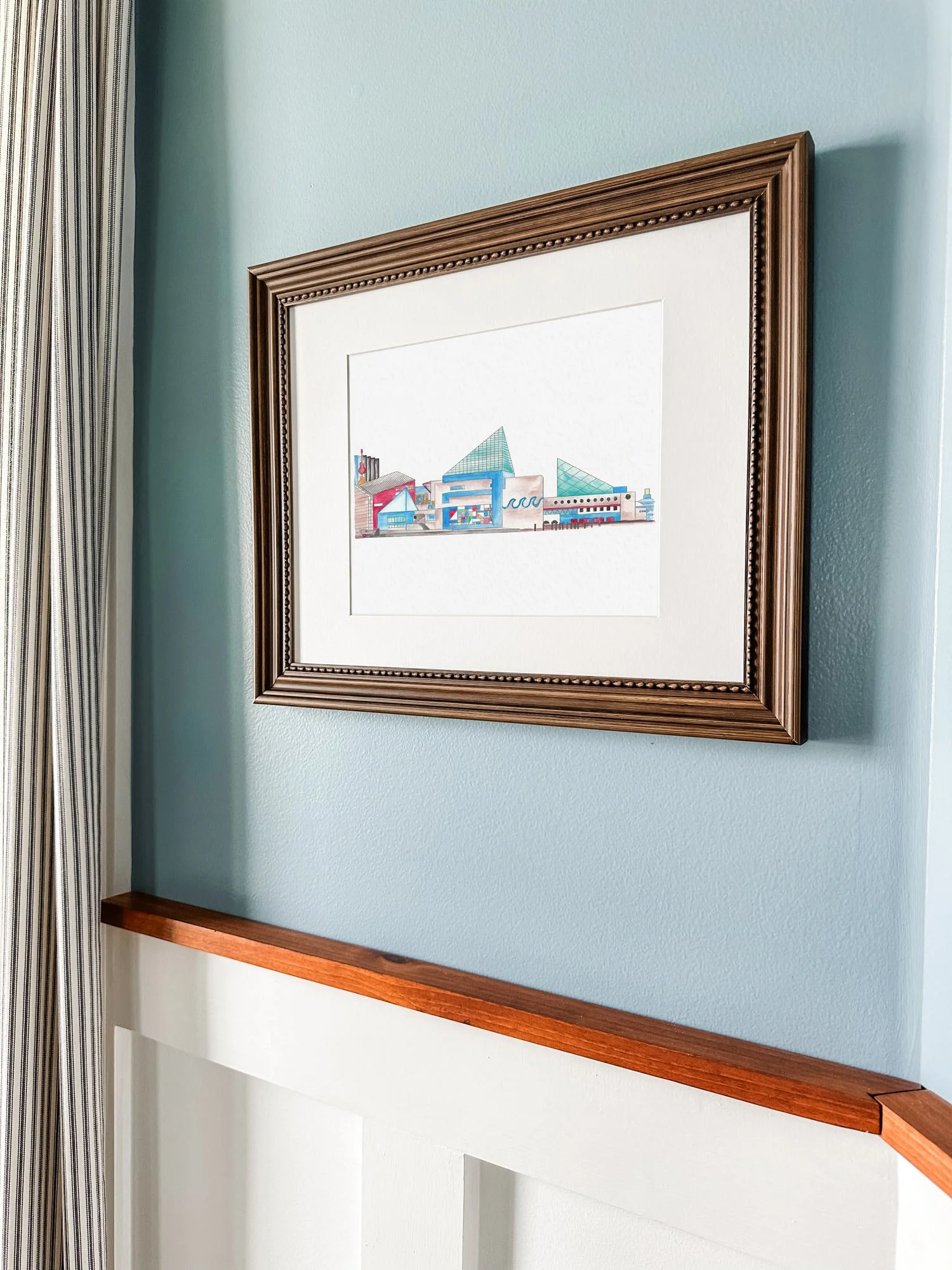 Watercolor fine art print of Baltimore's Inner Harbor featuring the National Aquarium.