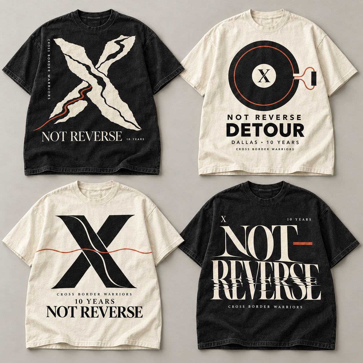 Four CBW 10-year anniversary shirt concepts: eroded Not Reverse X, Detour vinyl, Frontera Roman numeral X, and distorted Not Reverse typography.