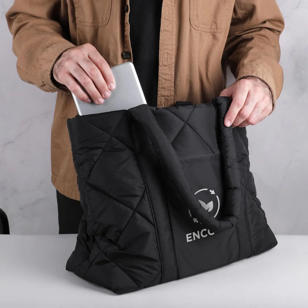 black puffer bag custom branded