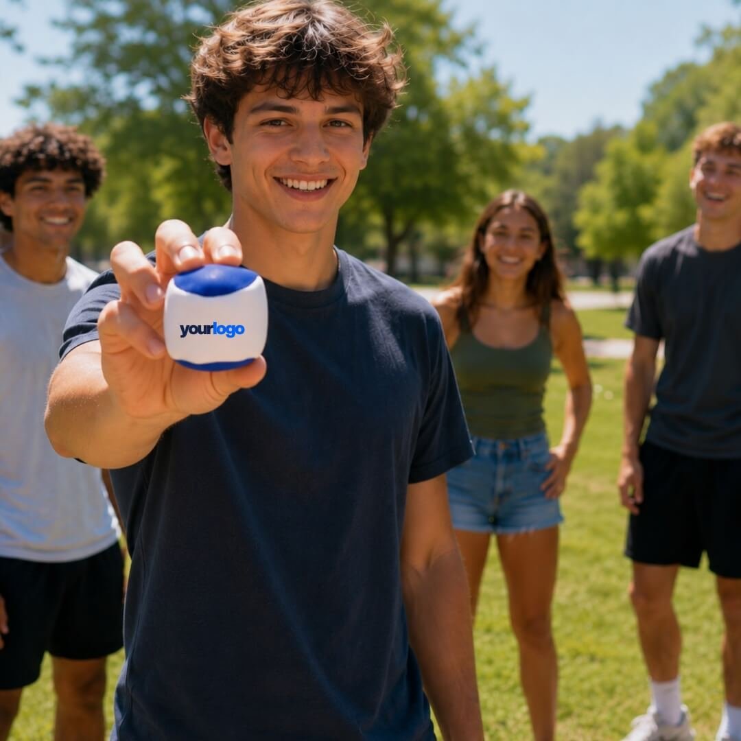 custom logo'd hacky sack blue and white