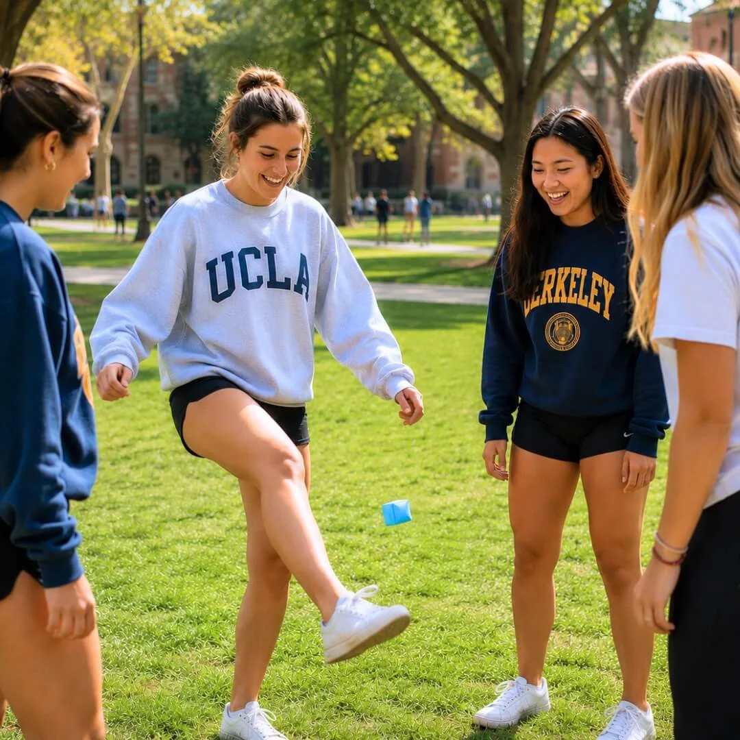 girls playing with square rice hacky sack