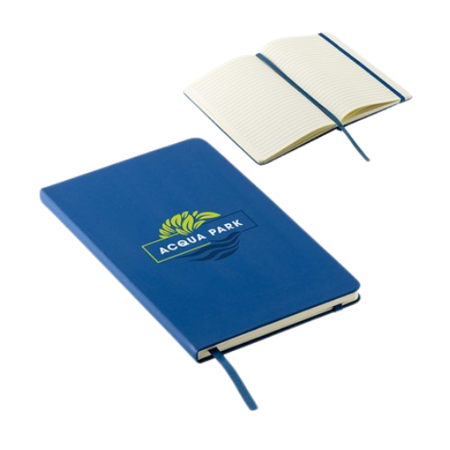 blue notebook with logo