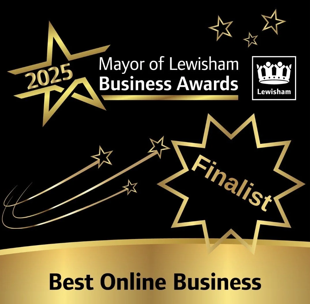 Gold and black graphic for the 2025 Mayor of Lewisham Business Awards finalist. Includes stars, shooting stars, and the Lewisham logo. Text highlights 'Finalist' and 'Best Online Business.'