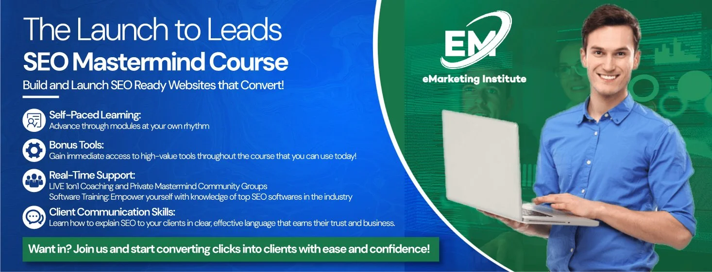 Advertisement for eMarketing Institute's SEO Mastermind Course featuring a smiling young man in a blue shirt holding a laptop, with course details on a blue and green background.