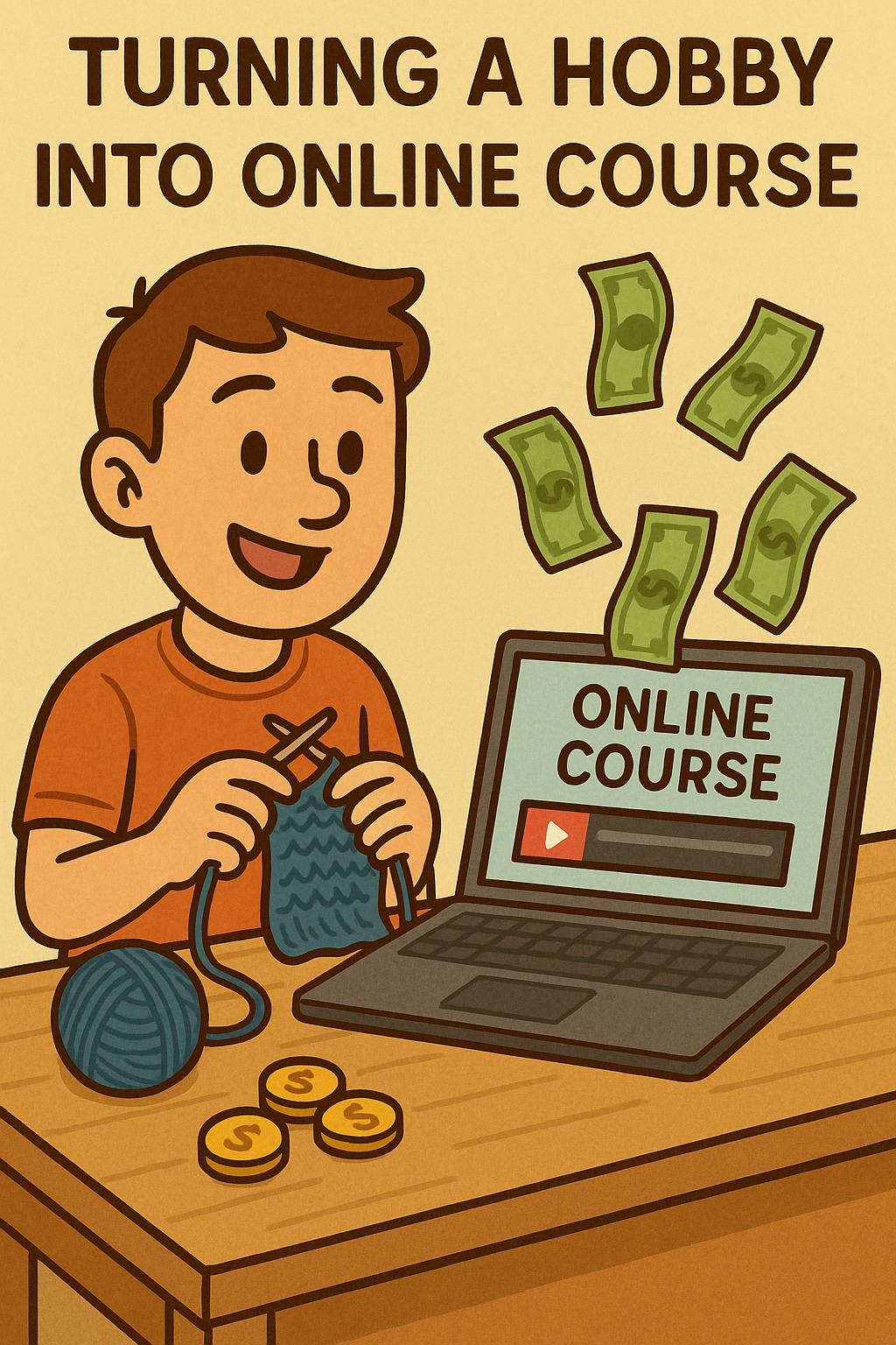 Cartoon illustration of a person knitting, with a laptop displaying 'Online Course', dollar bills flying into the air, and coins on the table. Text at the top reads 'Turning a Hobby into Online Course'.