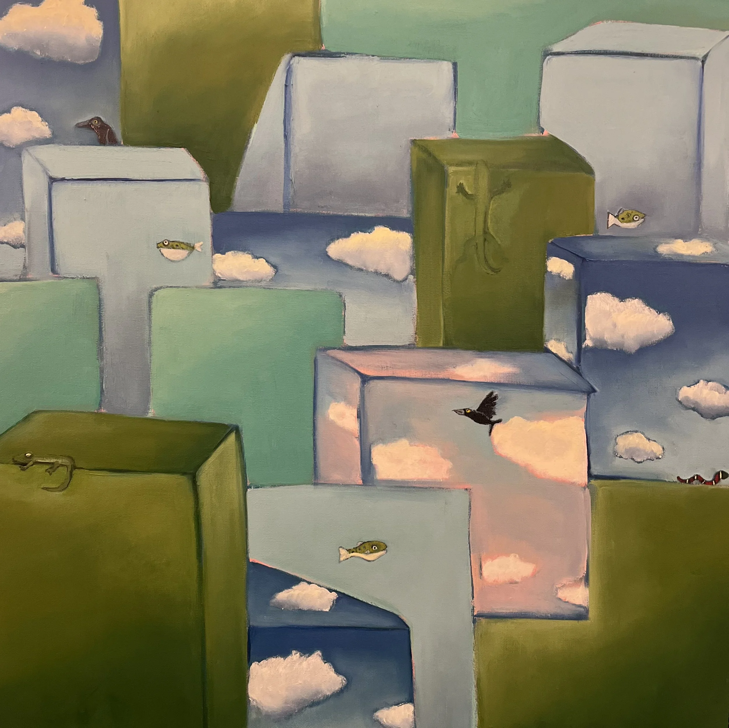 Abstract Scape III is a framed 20"x 20" oil painting. Available to purchase through Sparrow Interior in Austin, TX.