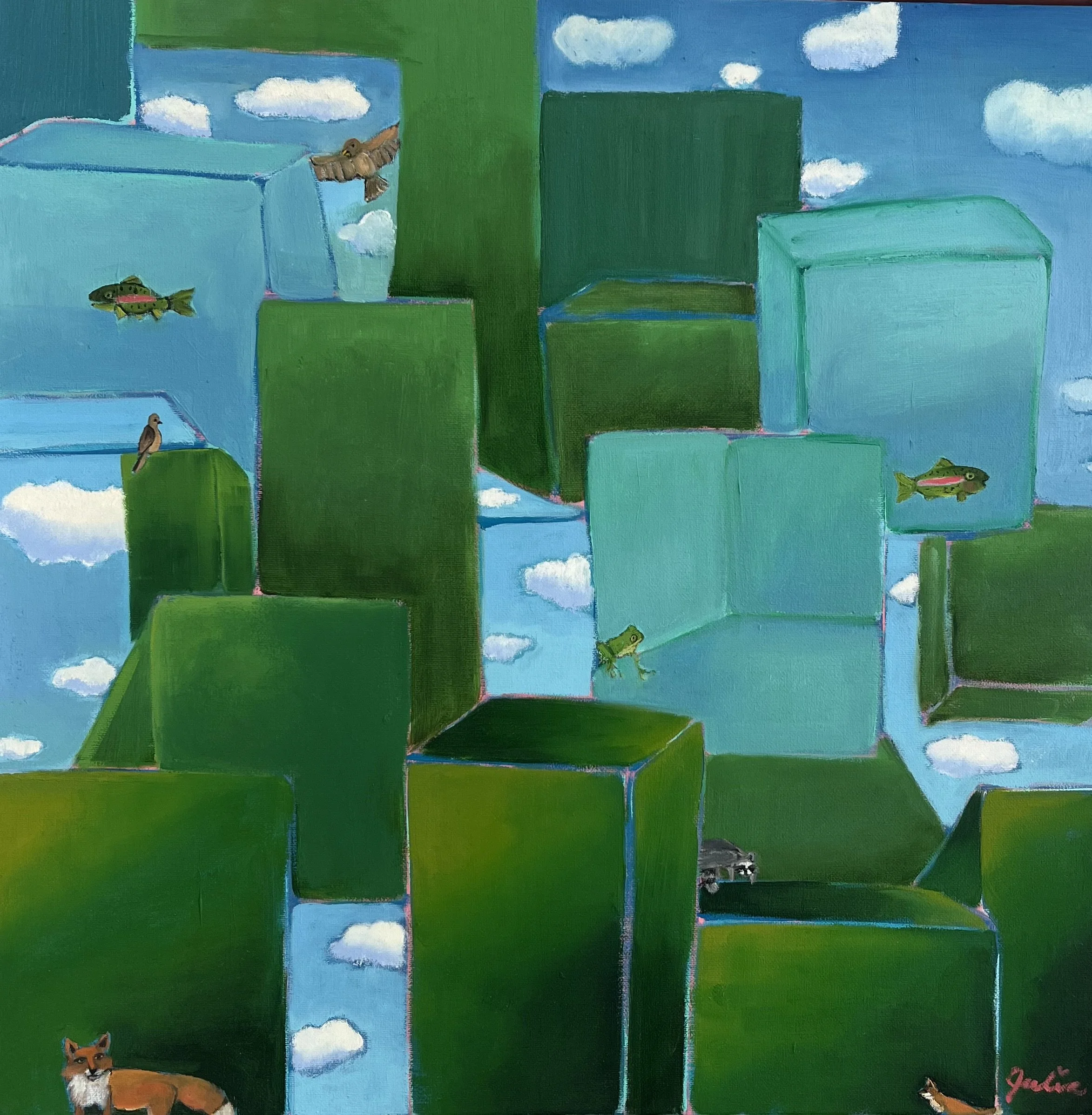 Abstract Scape I is a framed 20"x 20" oil painting