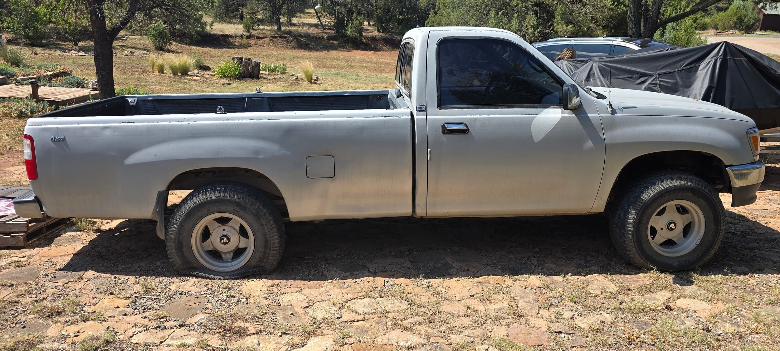 A silver pickup truck parked on dirt ground in a rural outdoor setting with trees and plants in background.