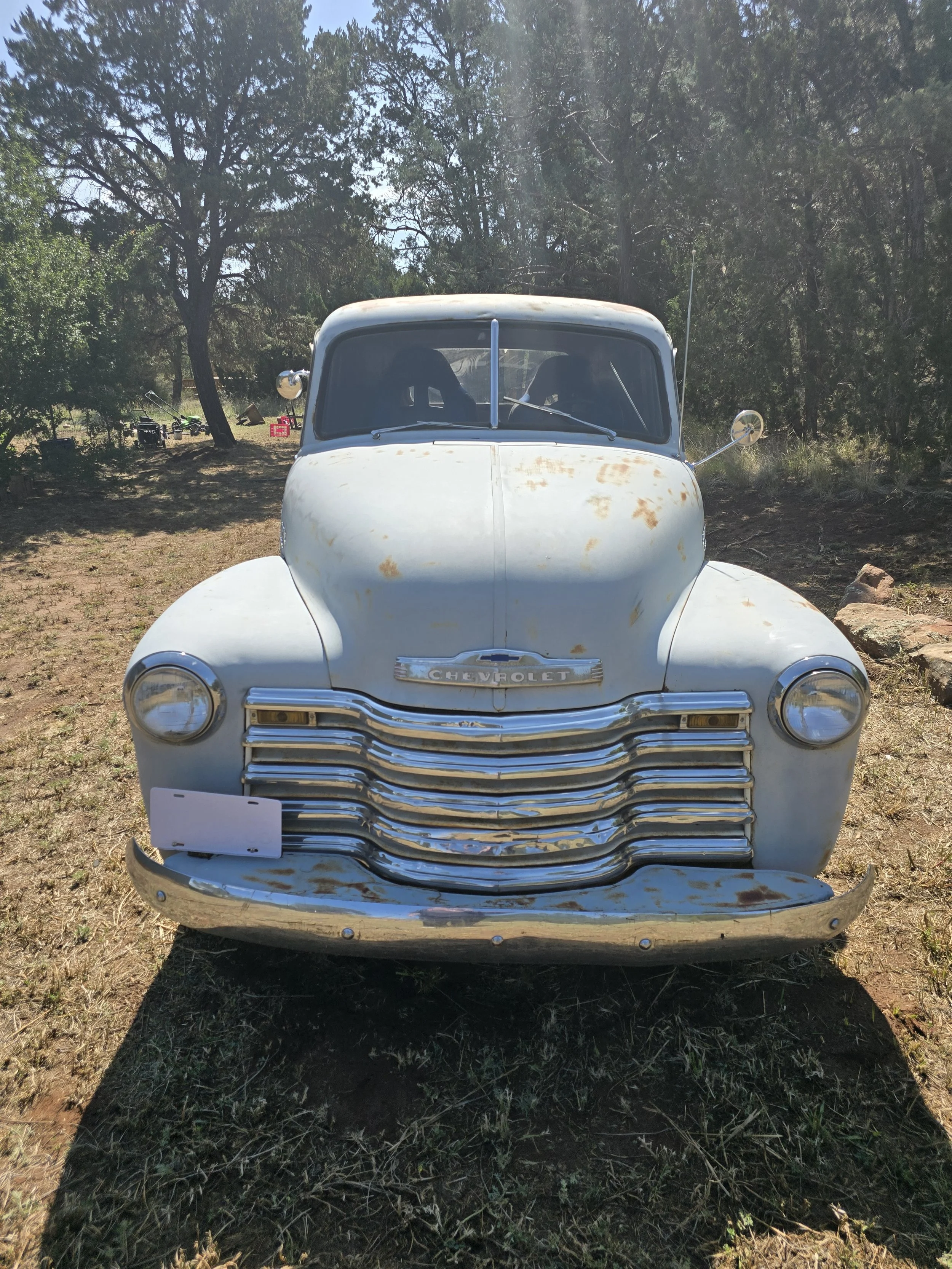 Front view of a vintage white Chevrolet car with rust spots, parked on a grassy patch with trees in the background.