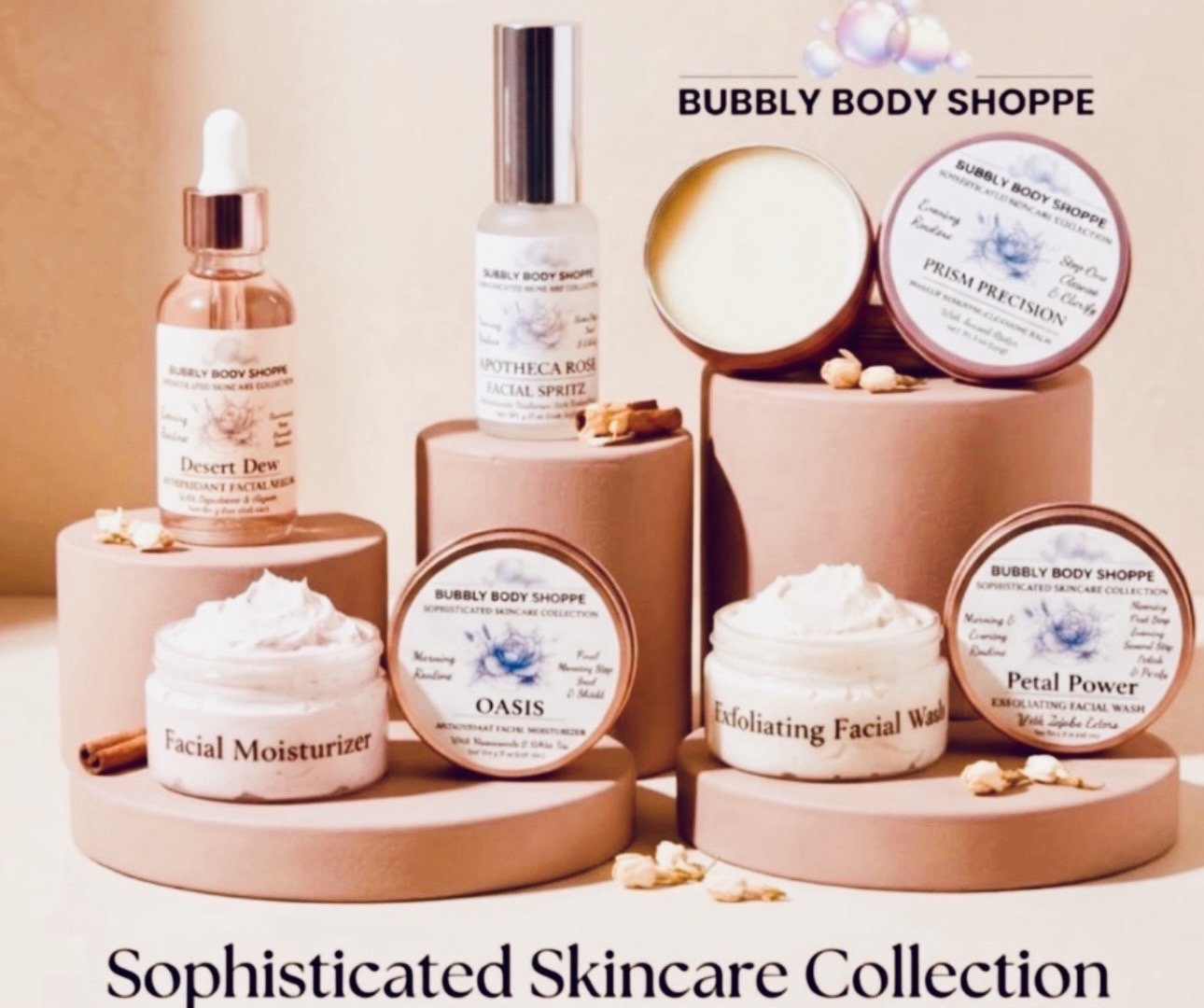 Collection of skincare products including facial moisturizer, facial spray, exfoliating facial wash, and facial masks on pink cylindrical stands with a light background, labeled with names like Oasis, Petal Power, and Desert Dew, part of Bubbly Body Shoppe's sophisticated skincare collection.