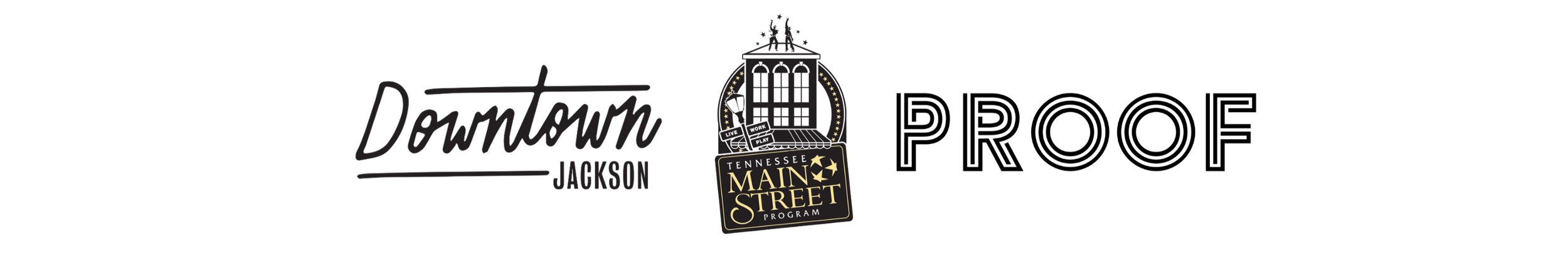 Logo for Downtown Jackson, Tennessee, with the Main Street program sign and a representation of a building or streetlamp, on a black background.