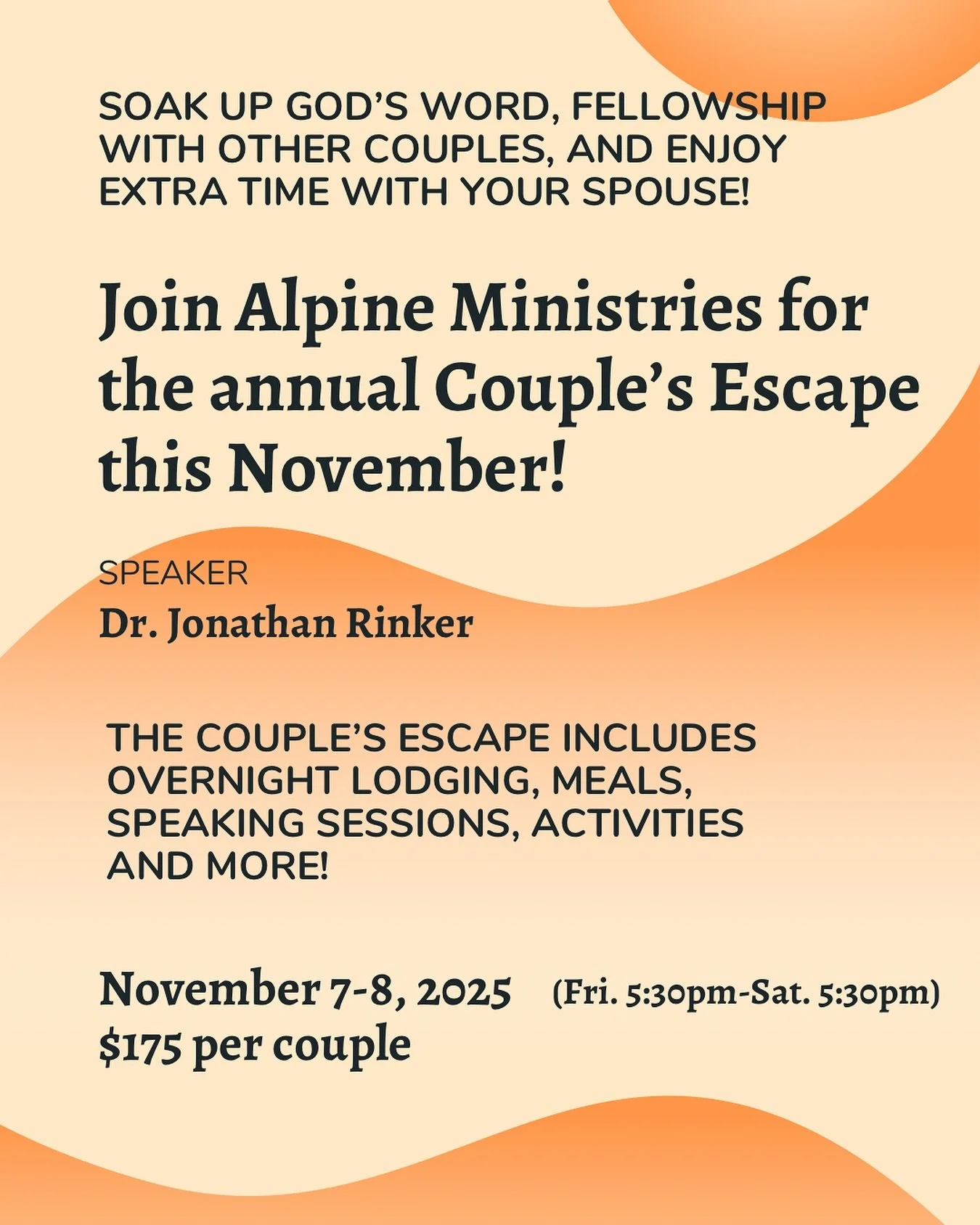 🍁 Married Couples - Join us next month for the annual Couple&rsquo;s Escape on November 7-8! 🍁 

Take a break from your routine and attend an encouraging getaway at Alpine with your spouse! Visit the link in our bio to read more about available opt