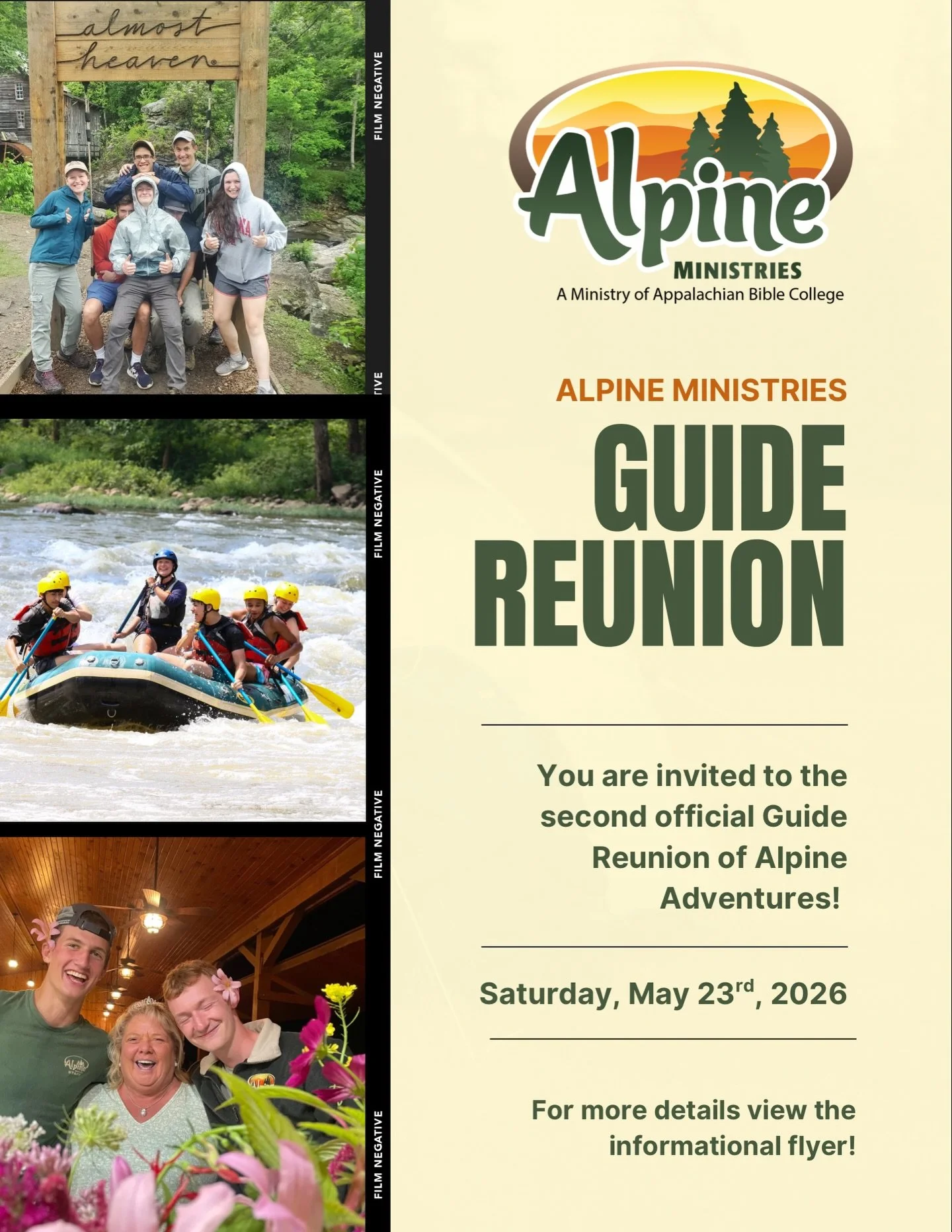 Past Guides 🤝 Present Guides

Attention adventure guides - you&rsquo;re invited! Alpine Adventures is hosting the second official Guide Reunion on May 23rd! Reunite with other adventure guides, share memories of adventures, and enjoy dinner and devo