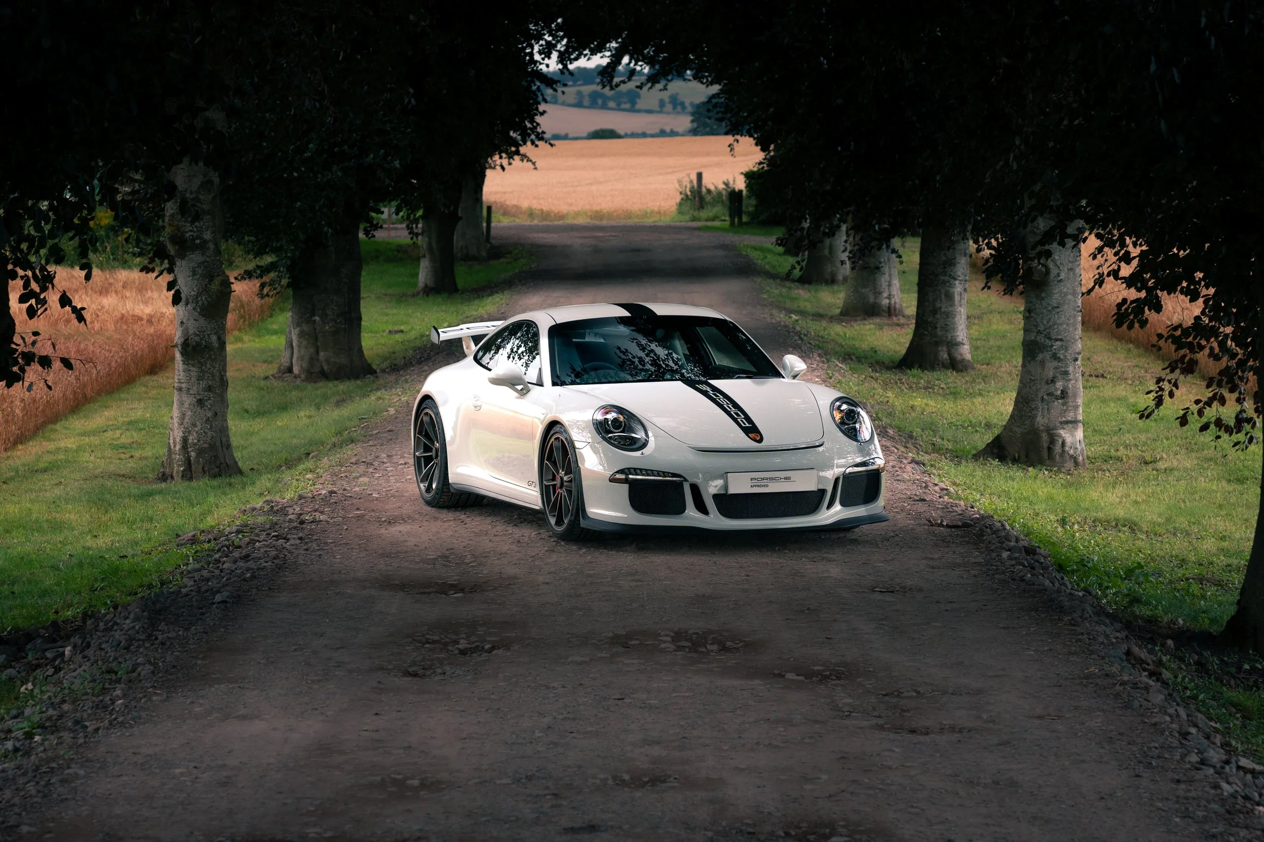 A white Porsche 911 GT3 sports car parked on a gravel country road lined with trees, with fields in the background.