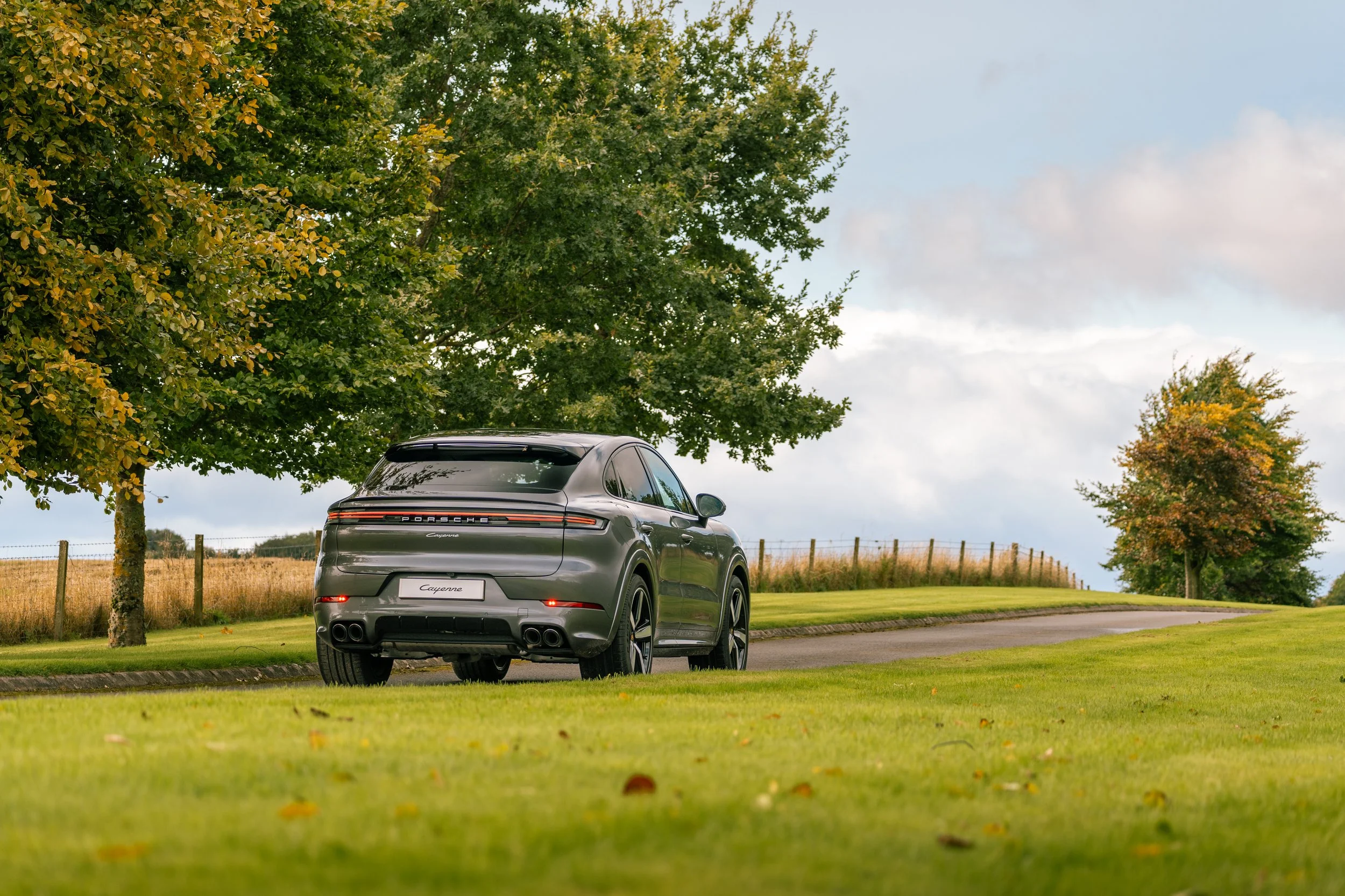 A gray Porsche Cayenne parked on a paved road in a grassy area, surrounded by trees with green and some orange leaves, under a partly cloudy sky.